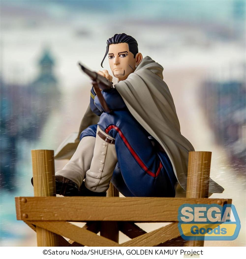 Eine Figur von Sugimoto Saichi mit Gewehr sitzt auf einer Holzplattform im Regen.