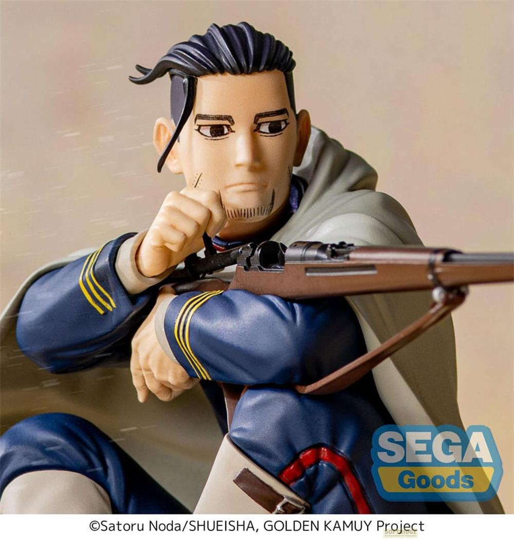 Figur von Sugimoto Saichi aus Golden Kamuy mit Gewehr, trägt blaue Uniform.