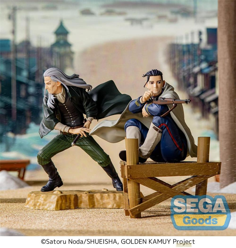 Zwei Figuren posieren in einer winterlichen Stadtkulisse, eine mit Gewehr, die andere mit Stock.