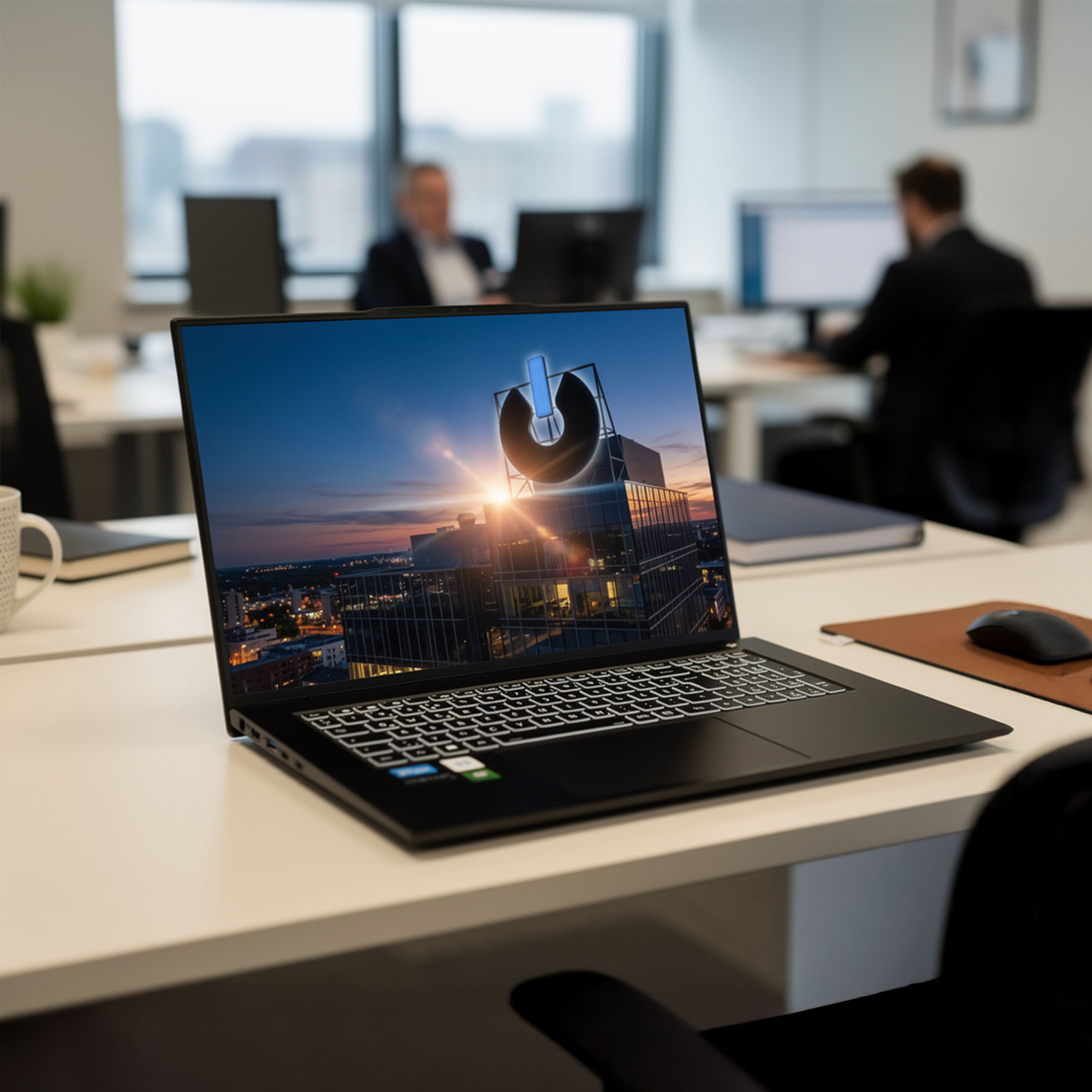 Laptop zeigt Stadtbild bei Sonnenuntergang mit Logo.