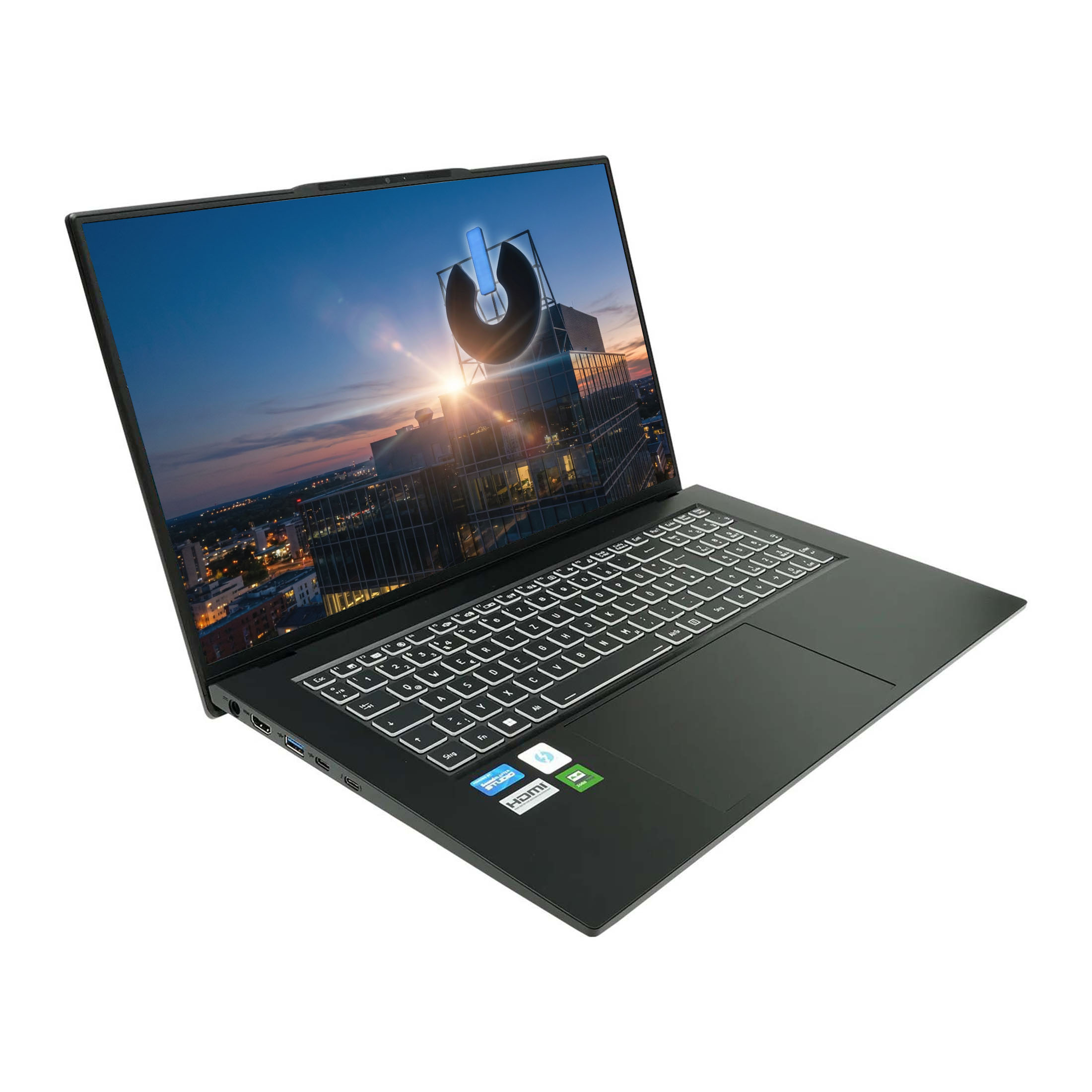 Schwarzer Laptop mit leuchtender Tastatur und Stadtsilhouette auf dem Bildschirm.
