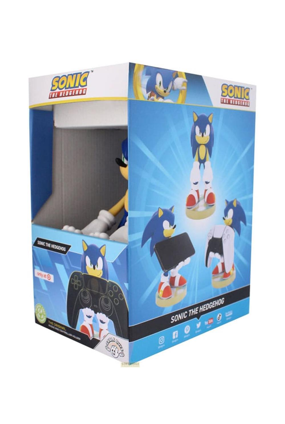 Figure di Sonic the Hedgehog e supporto controller in confezione.