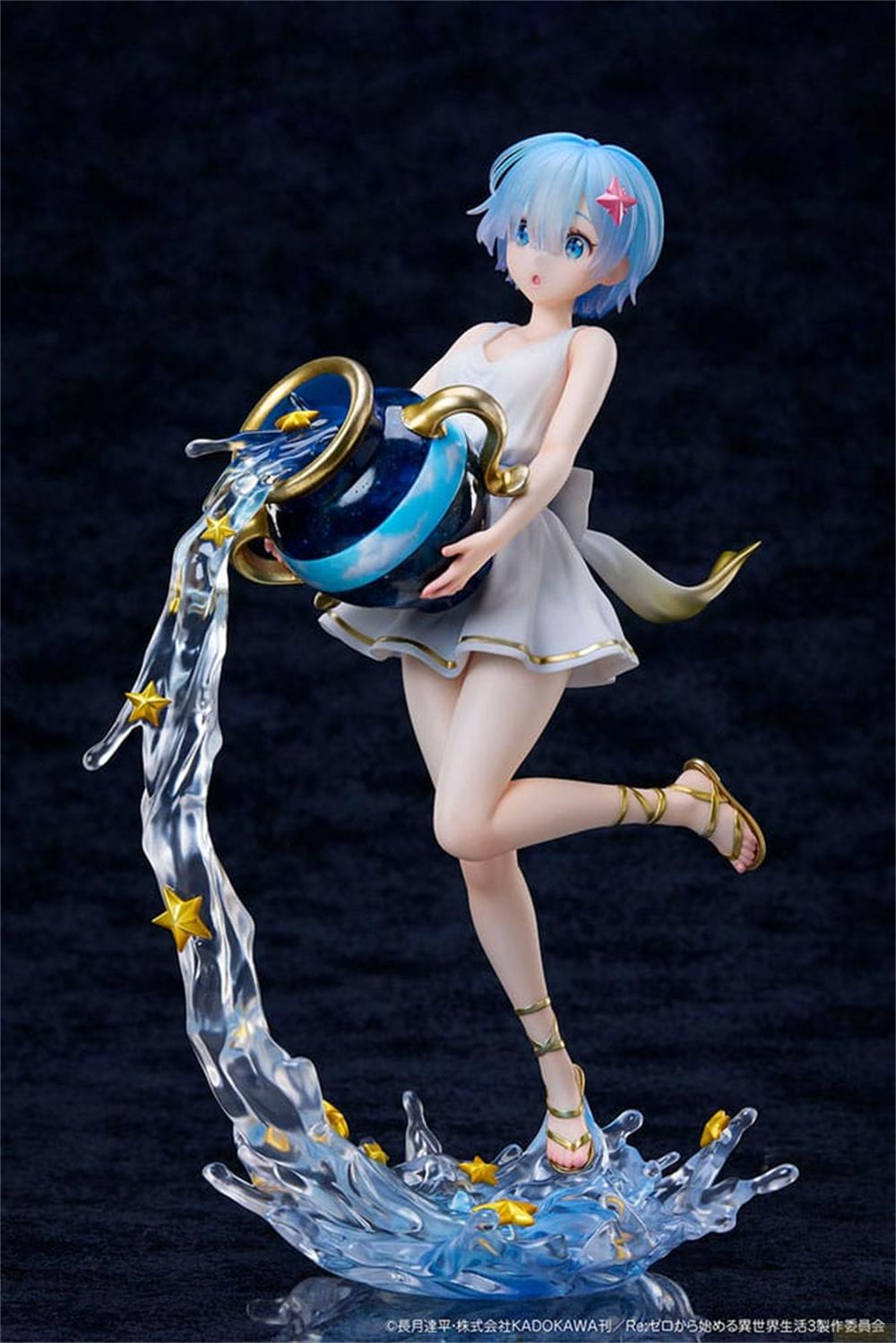 Anime-Figur mit blauem Haar gießt Wasser mit Sternen aus einer blauen Kanne.
