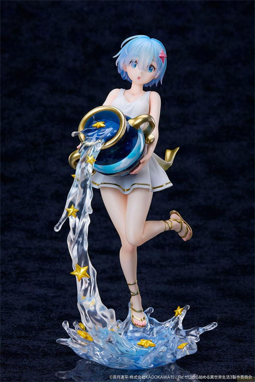 Eine Anime-Figur mit blauem Haar gießt Wasser mit Sternen aus einem Krug.