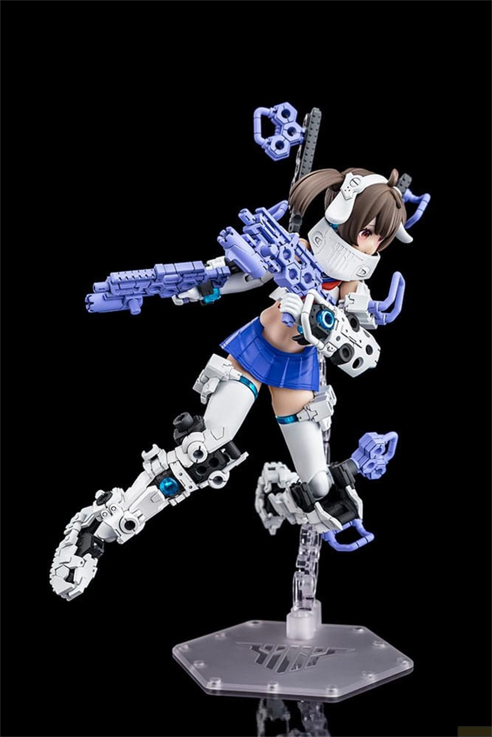 Une figurine en tenue blanche et bleue tenant une arme violette.