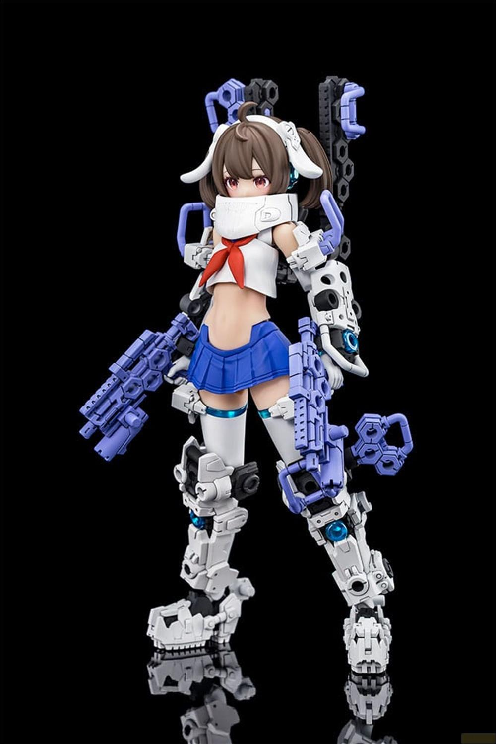 Figurine style anime avec membres mécaniques, haut blanc, jupe bleue, tenant des armes.
