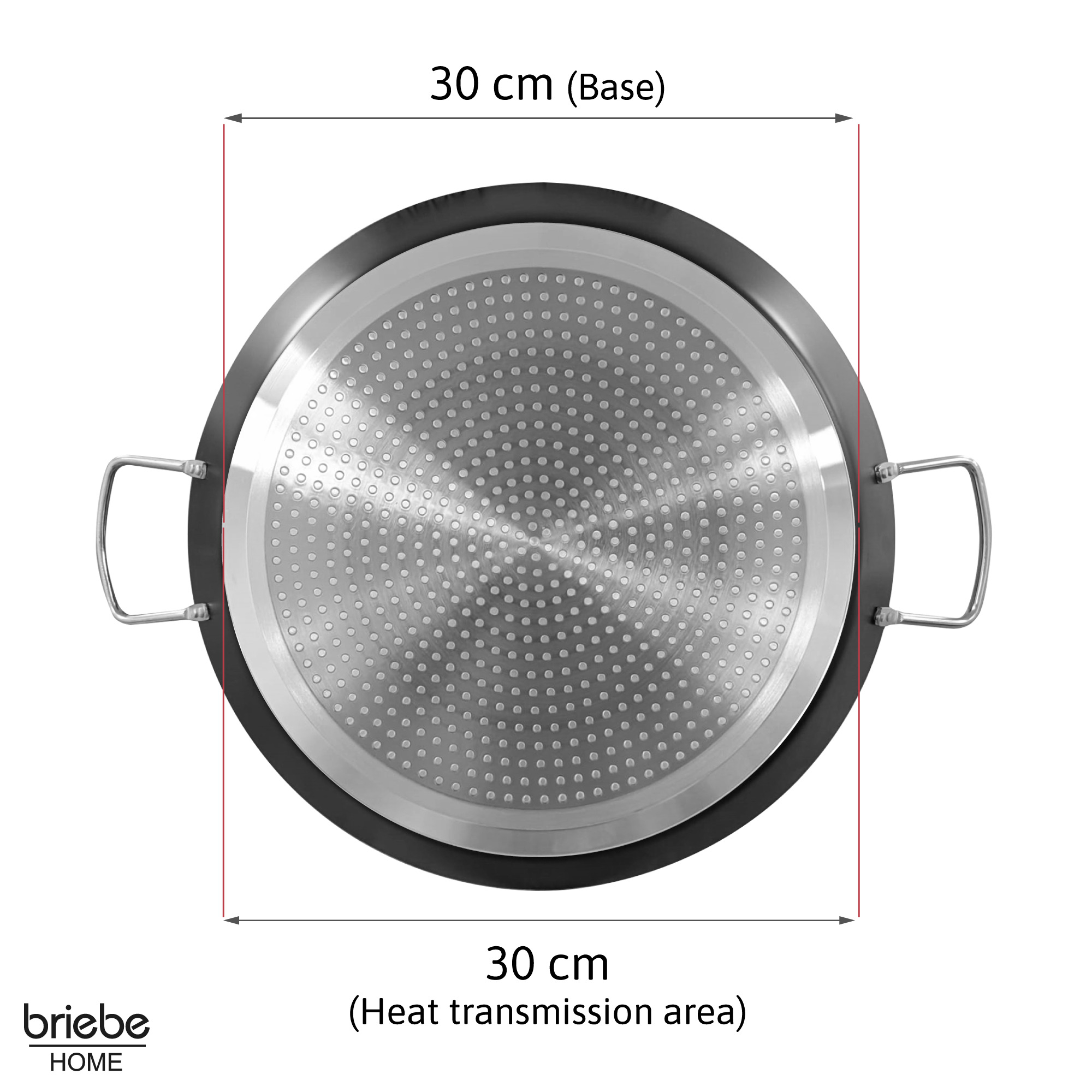 Una sartén de 30 cm con dos asas de metal y superficie de transmisión de calor.