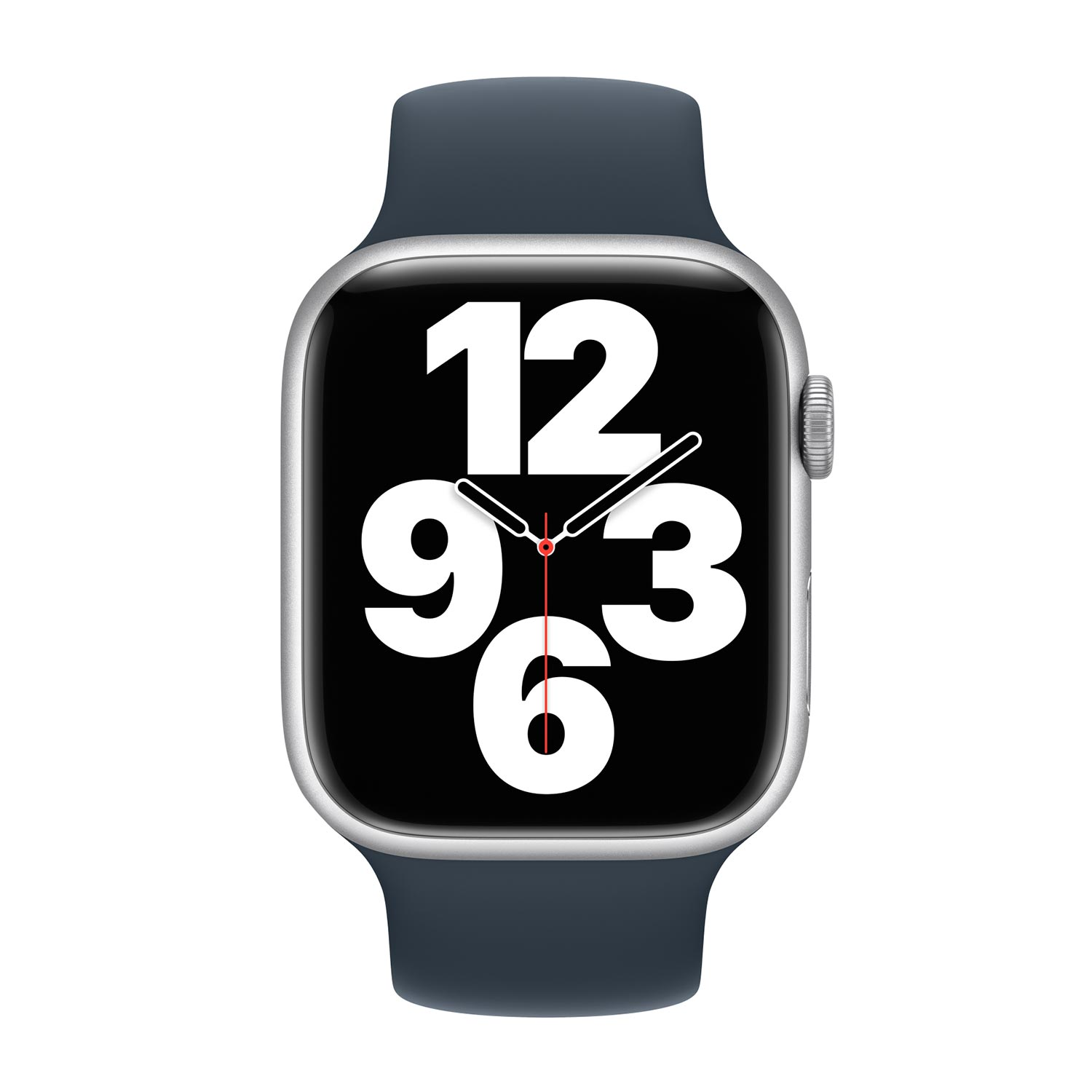 Een zilveren Apple Watch SE met een donkerblauwe band toont een zwarte wijzerplaat met grote witte cijfers 12, 9, 3 en 6.