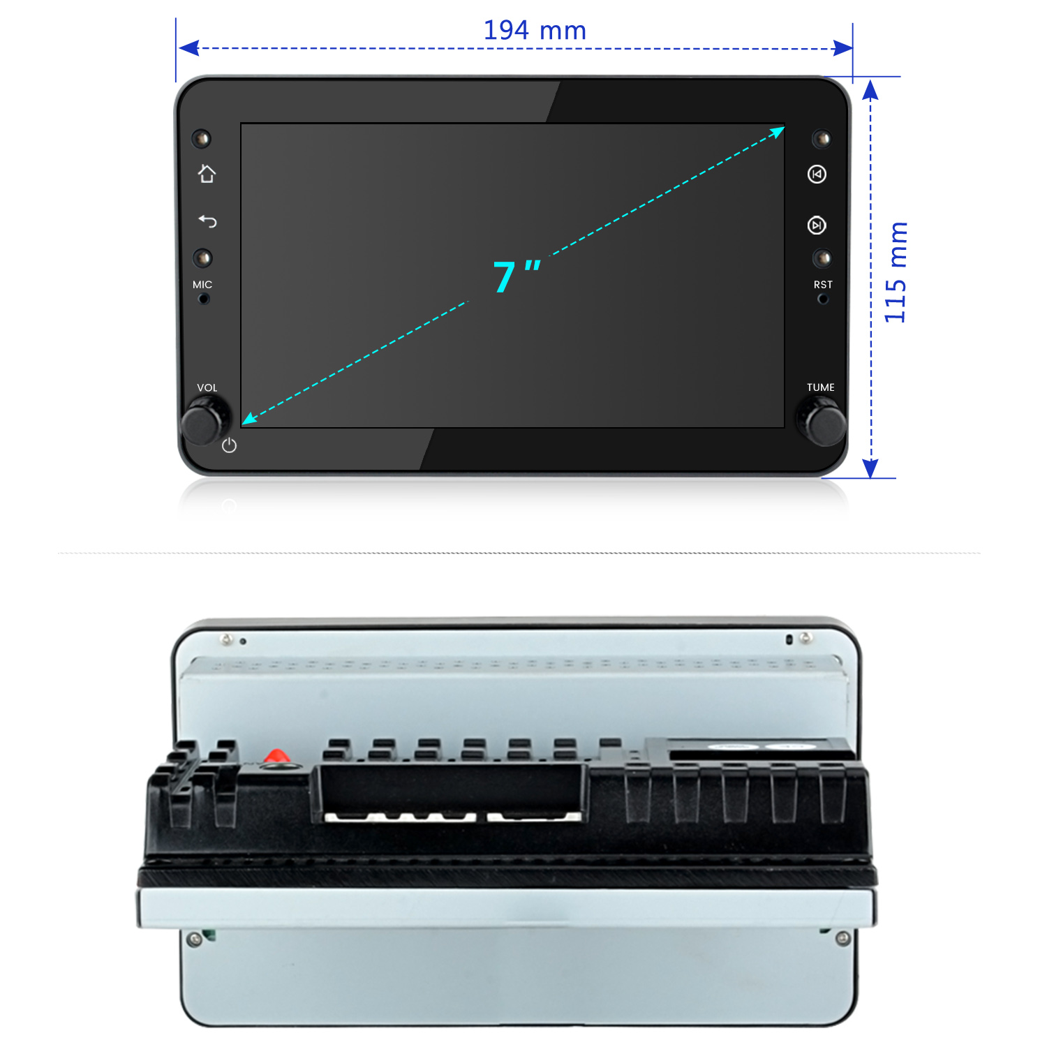 Un dispositivo touchscreen da 7 pollici con controlli e vista posteriore.