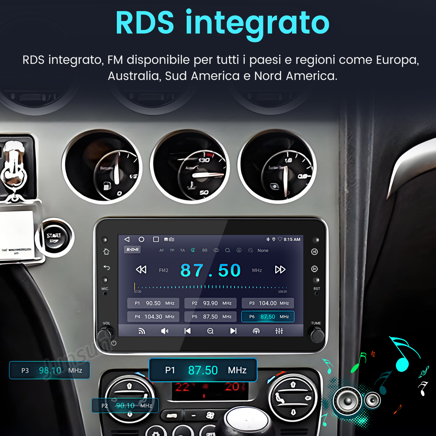 Cruscotto auto con display radio che mostra frequenze e stazioni.