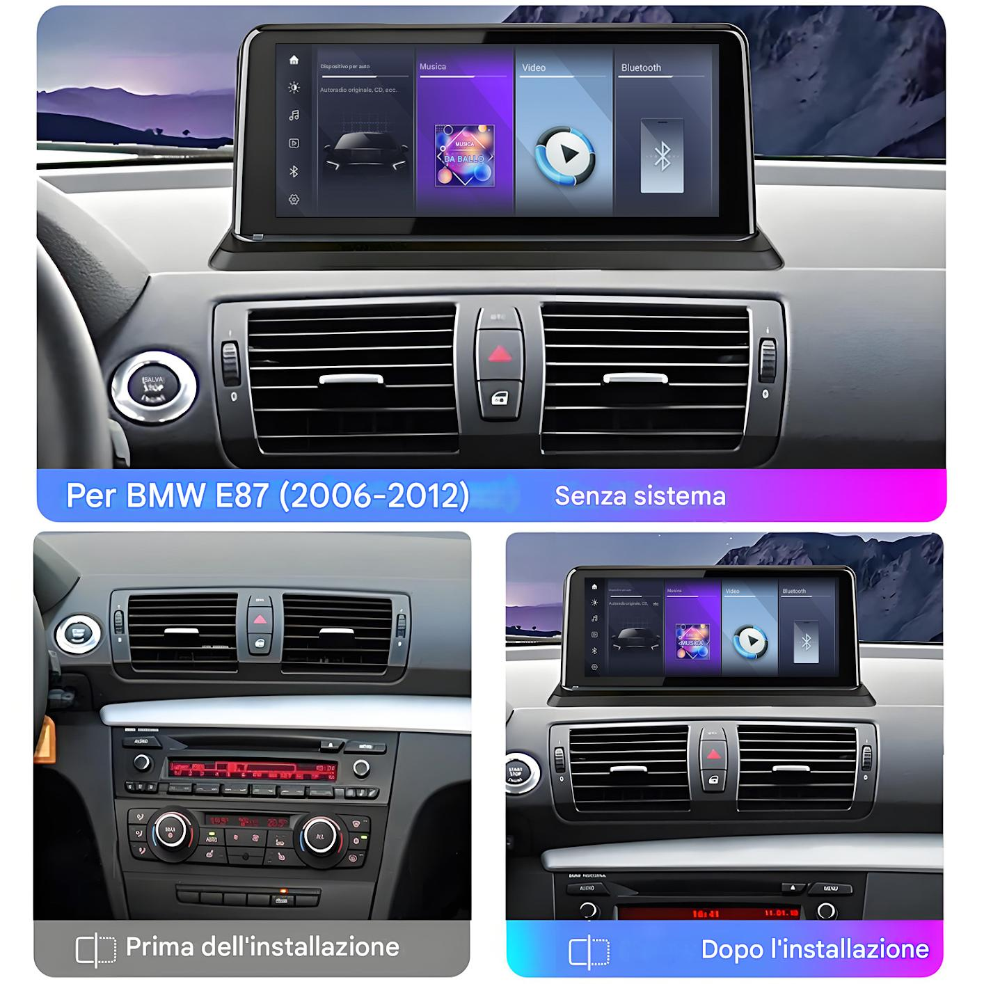 Interno BMW E87 2006-2012: confronto prima e dopo del sistema di infotainment.