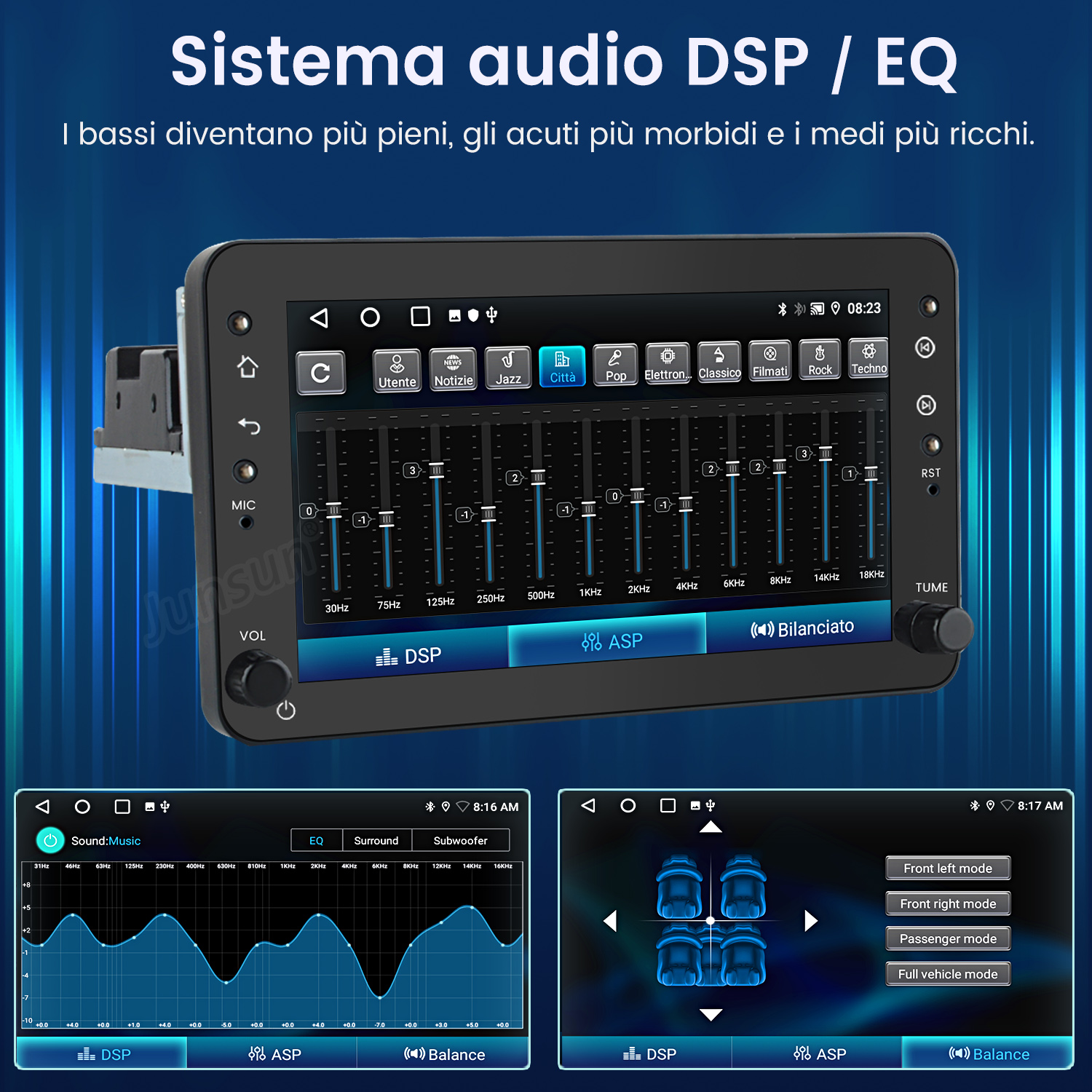 Display autoradio mostra impostazioni DSP/EQ e curve equalizzatore.