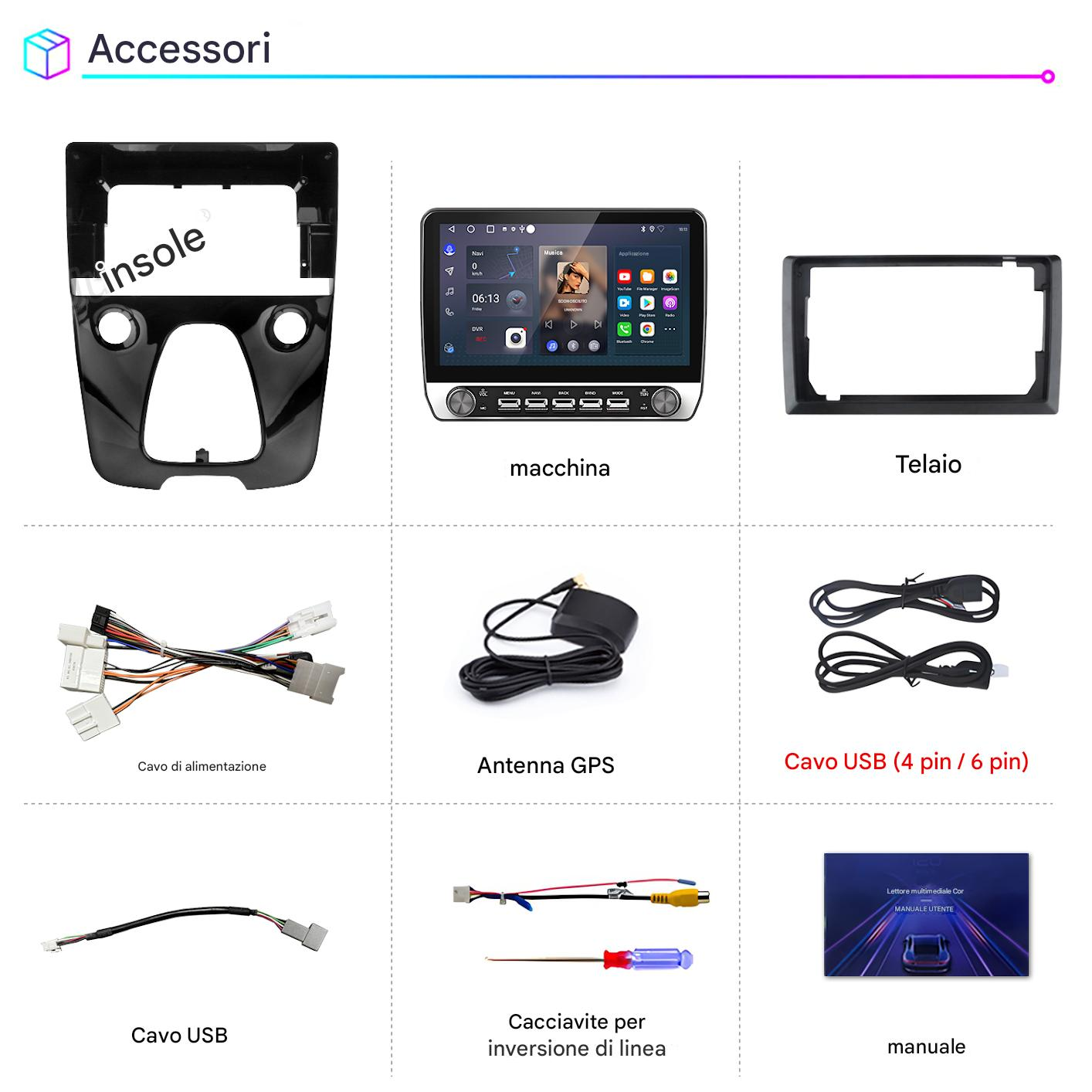 Collage di accessori auto: cornice di montaggio, autoradio, antenna GPS, cavi.