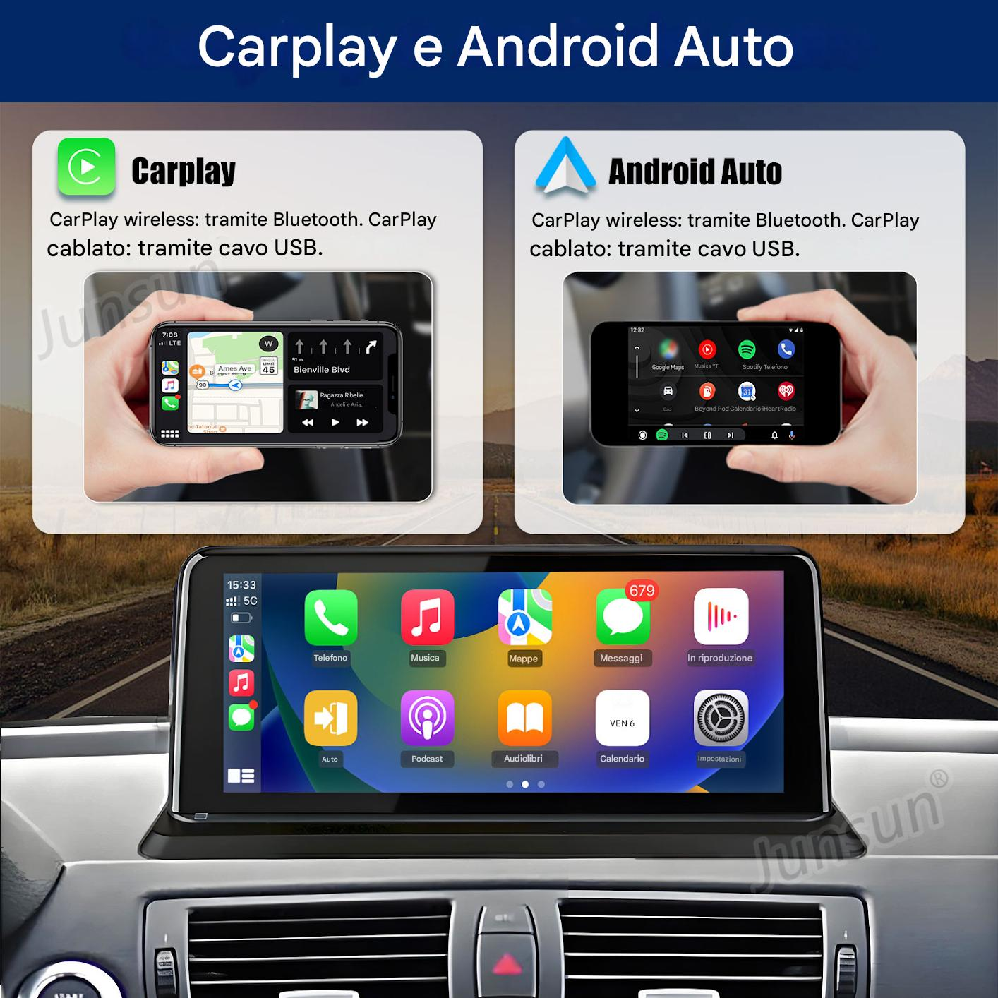 Infotainment auto CarPlay e Android Auto mostra app del telefono.