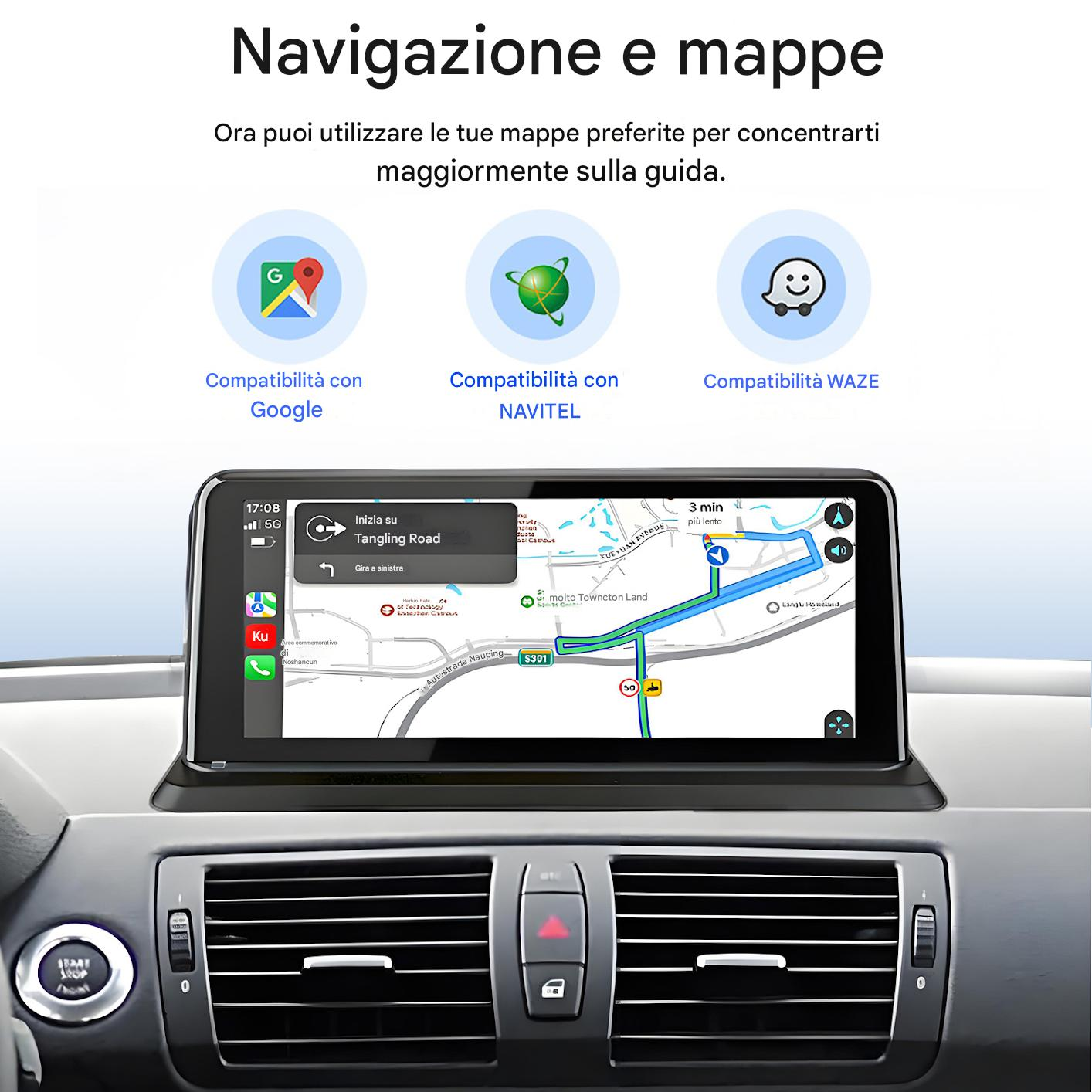 Schermo di navigazione auto mostra compatibilità mappe con Google, Navitel e Waze.