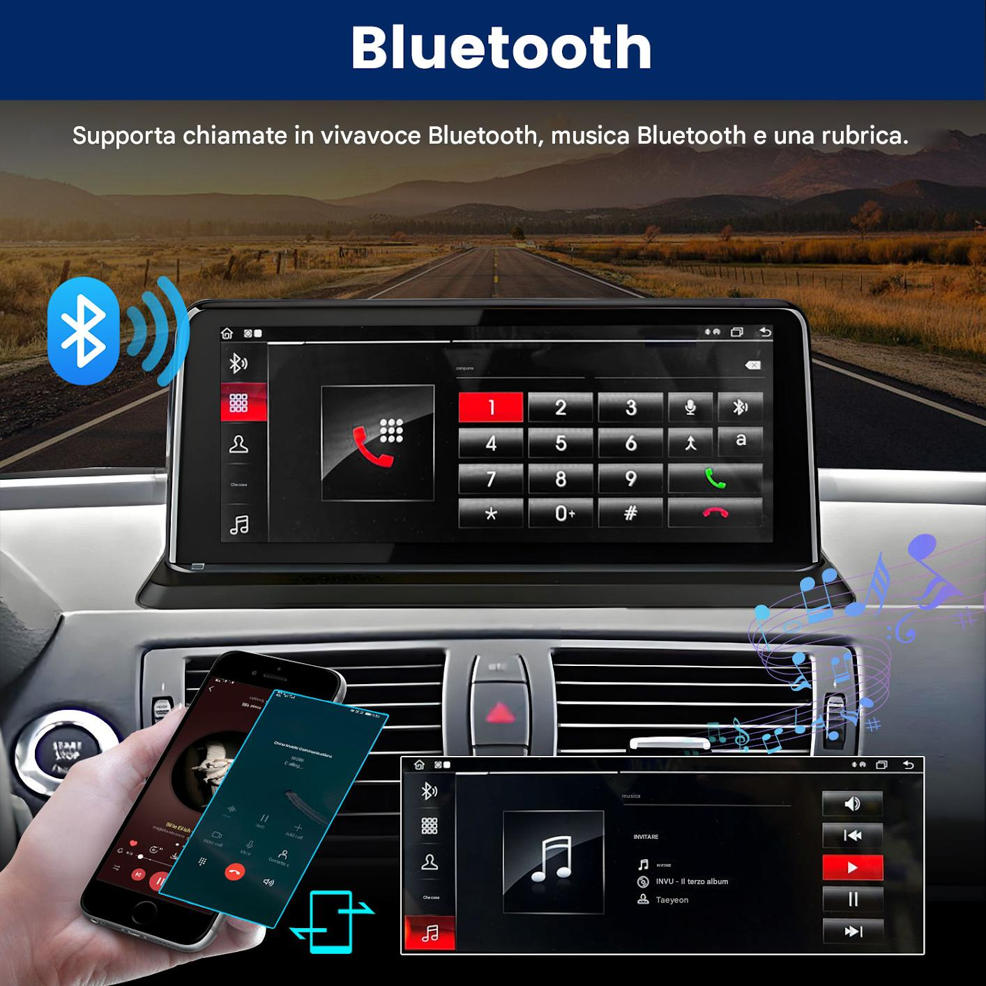 Un sistema di infotainment per auto mostra un tastierino, telefono e interfaccia musicale.