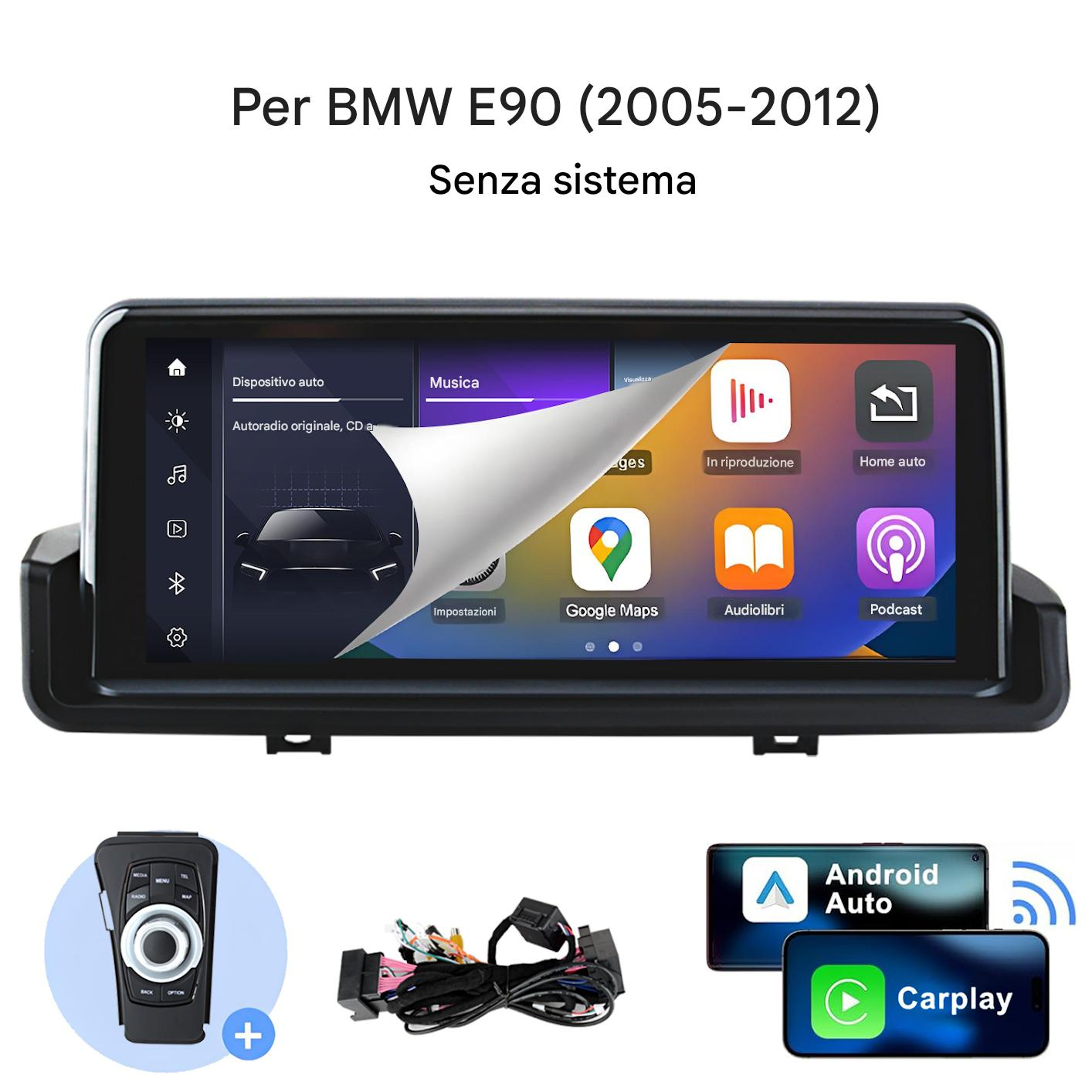Schermo autoradio con app, cavi, telecomando e loghi Android Auto e CarPlay.