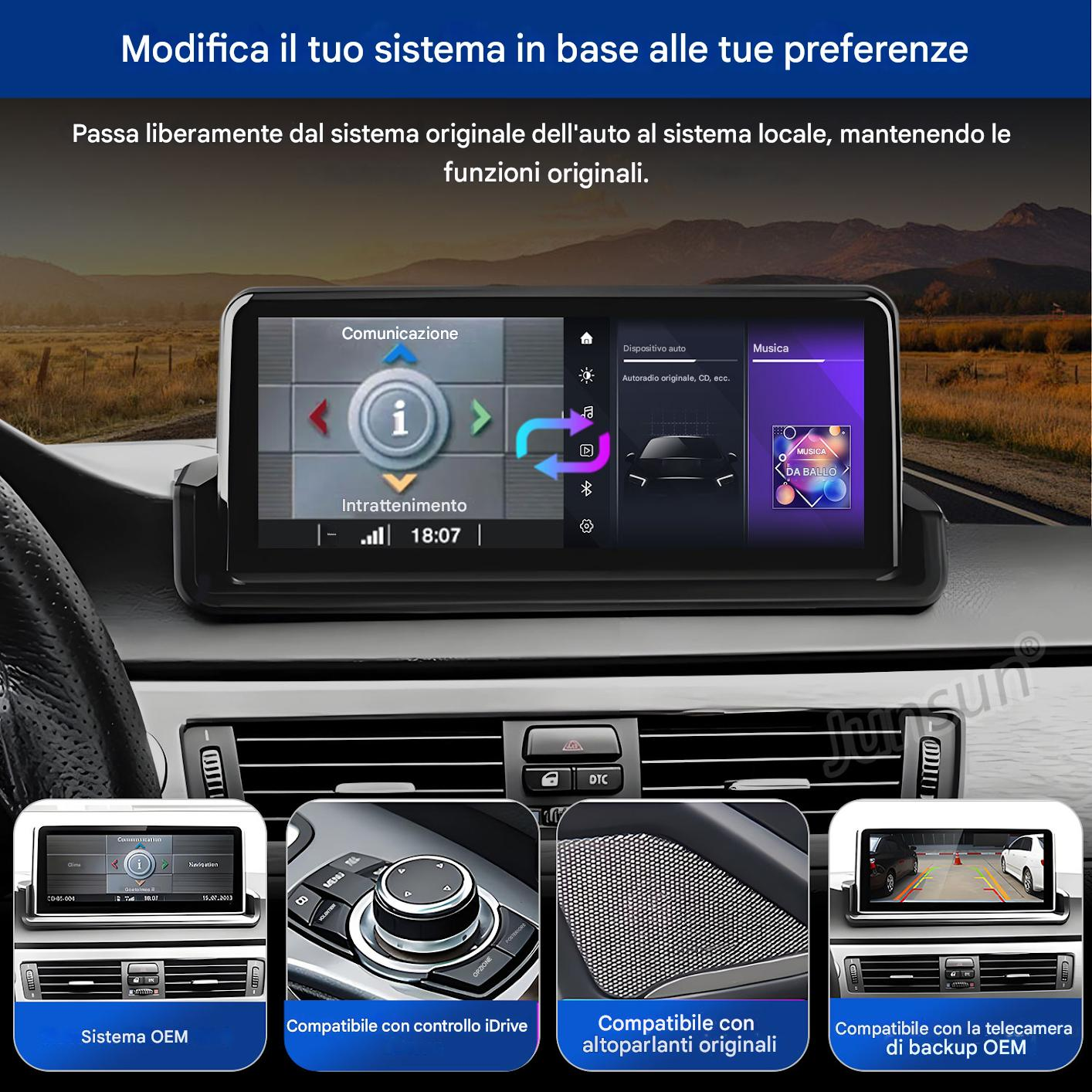 Interno auto con schermo infotainment che mostra opzioni menu.