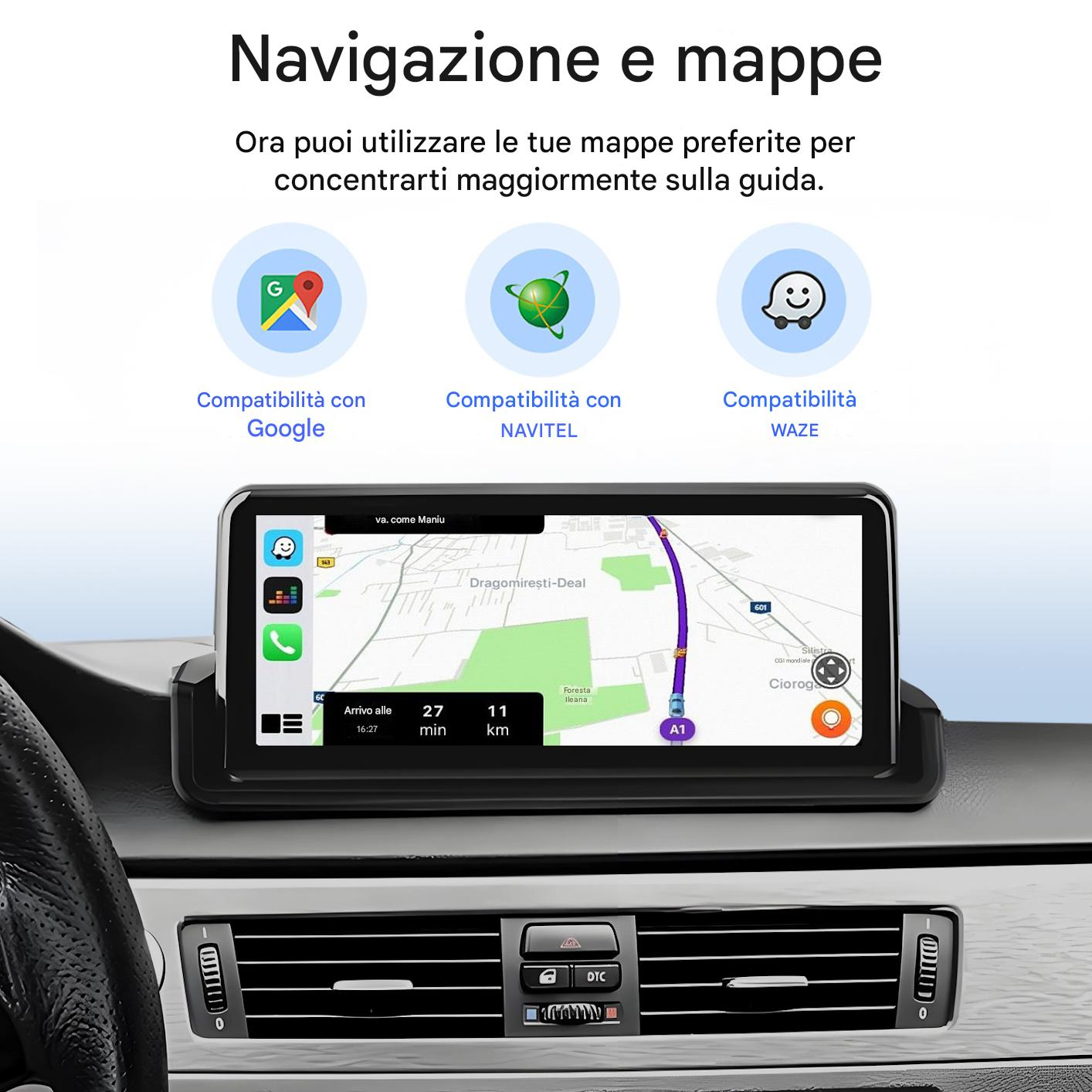 Schermo di navigazione auto con app mappe: Google, Navitel, Waze.