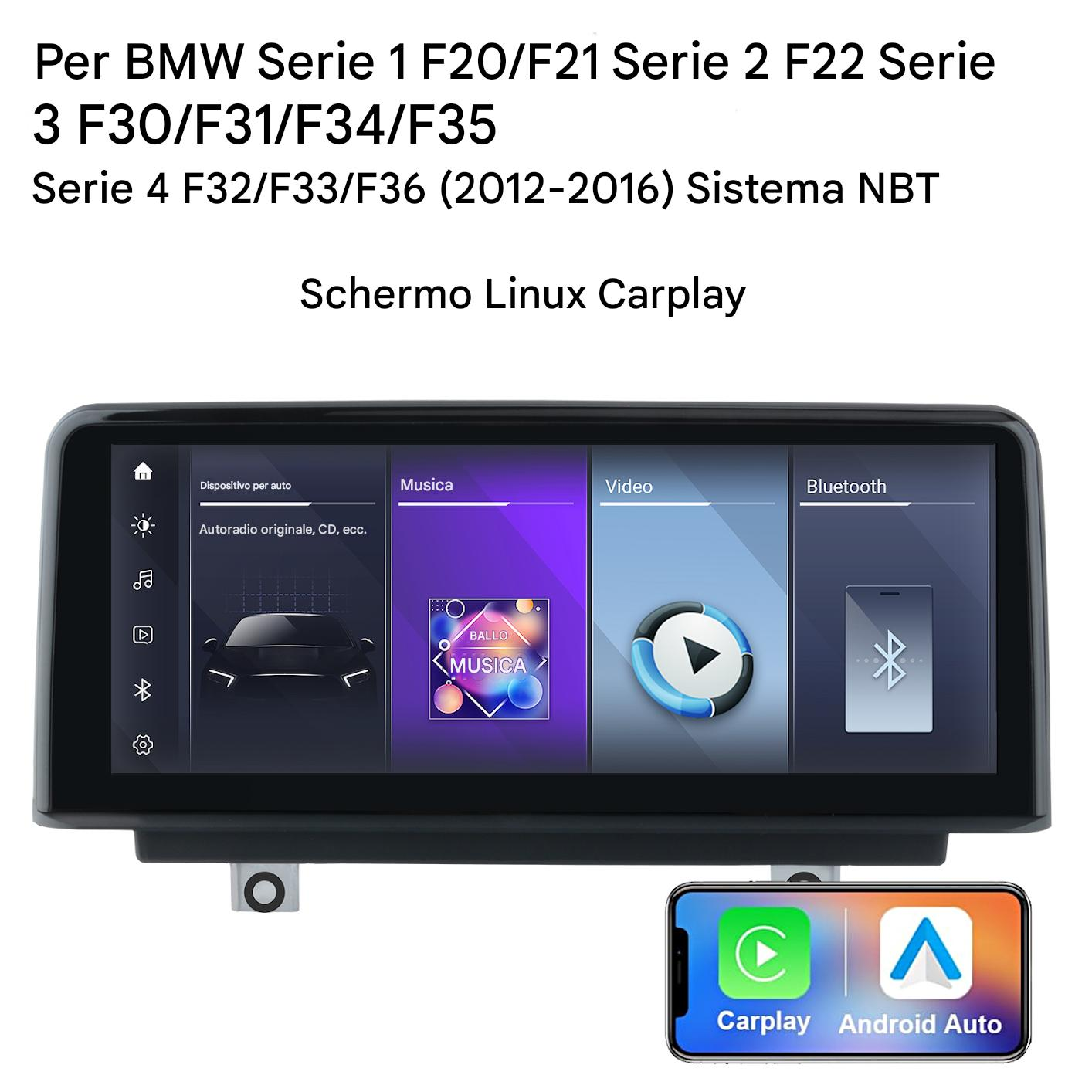 Schermo autoradio con menu Musica, Video e Bluetooth.
