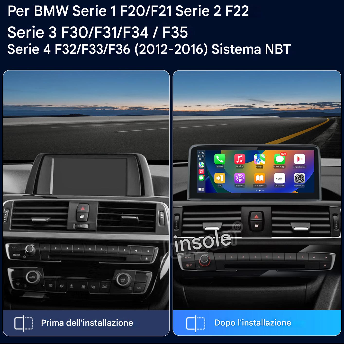 Confronto prima/dopo di una autoradio BMW con interfaccia utente moderna.