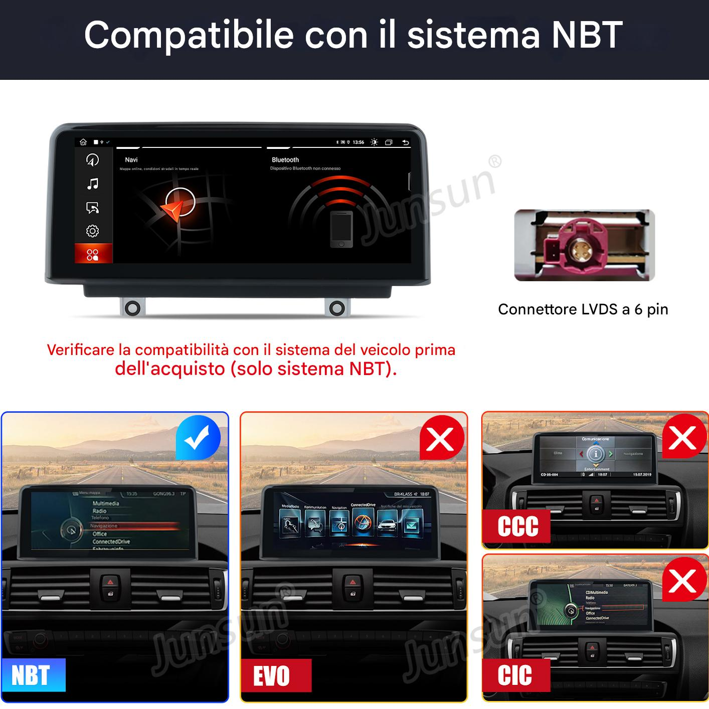 Infografica mostra display auto, info Bluetooth, connettore LVDS e compatibilità.