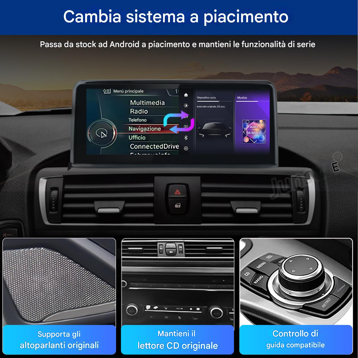 Sistema di infotainment per auto con opzioni di menu per multimedia, radio e navigazione.
