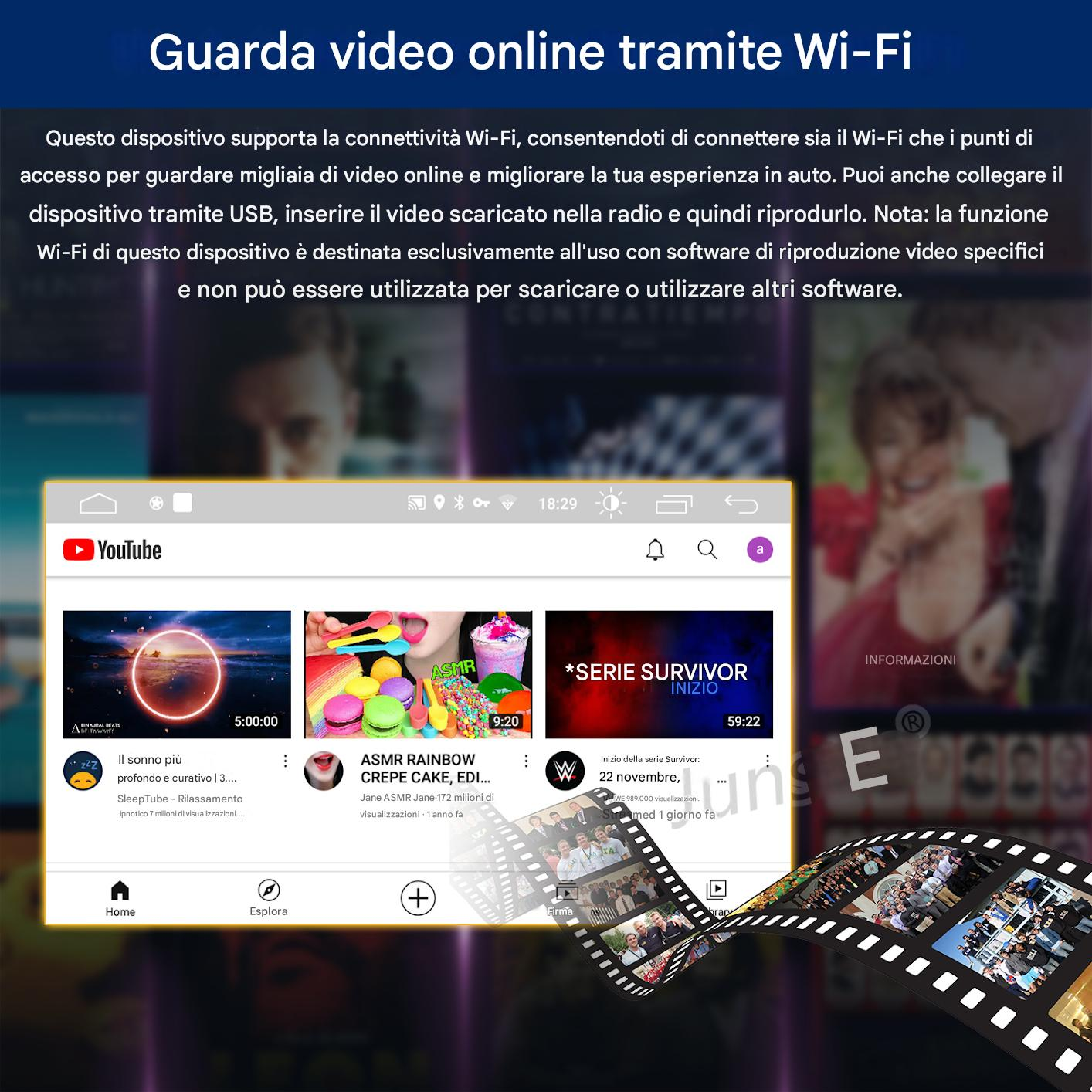 Un sistema di infotainment per auto mostra l'app di YouTube con video e un rullino.