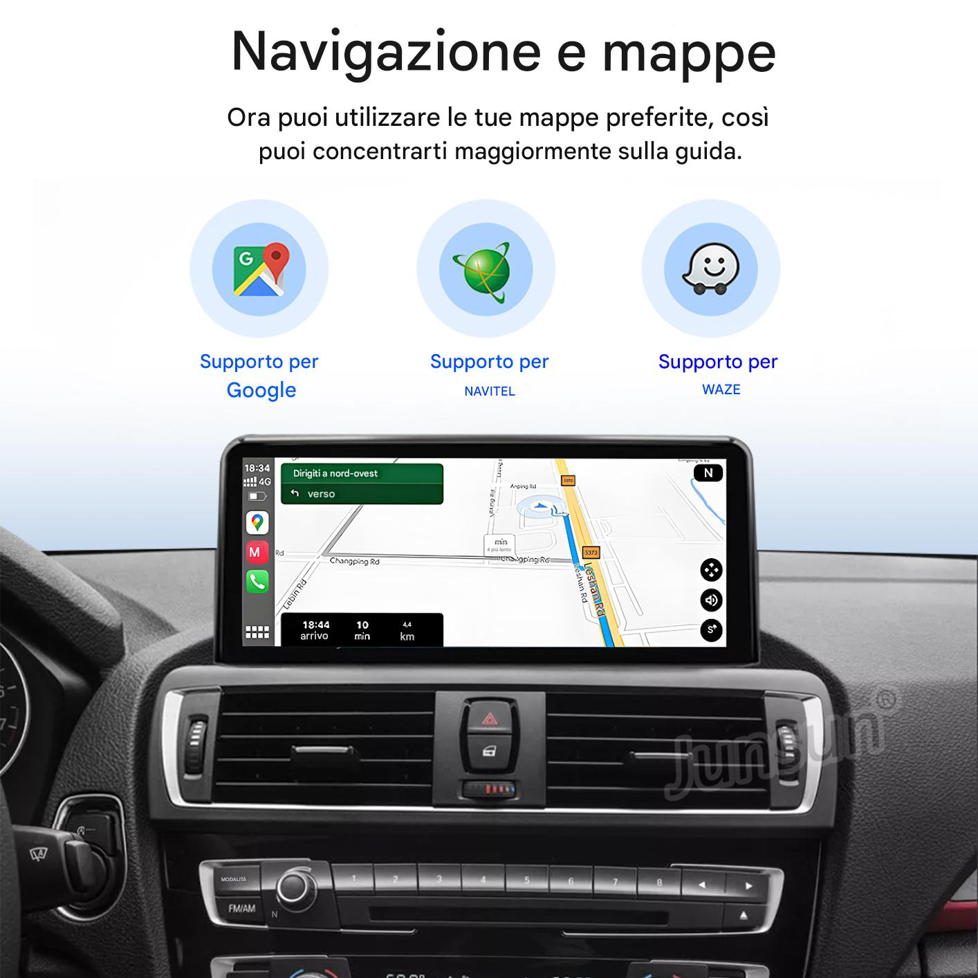 Schermo navigazione auto con icone Google, Navitel, Waze e mappa stradale.