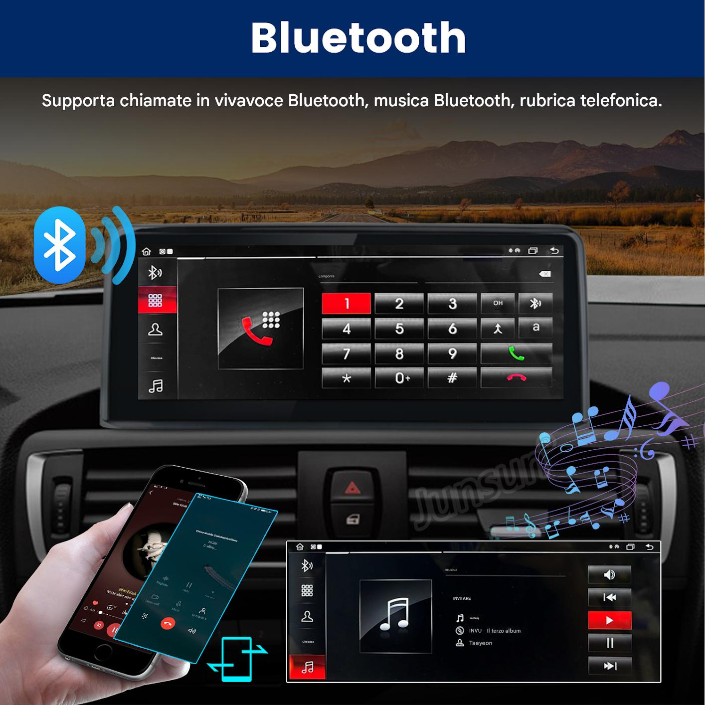 Cruscotto auto con interfaccia telefono e musica Bluetooth.