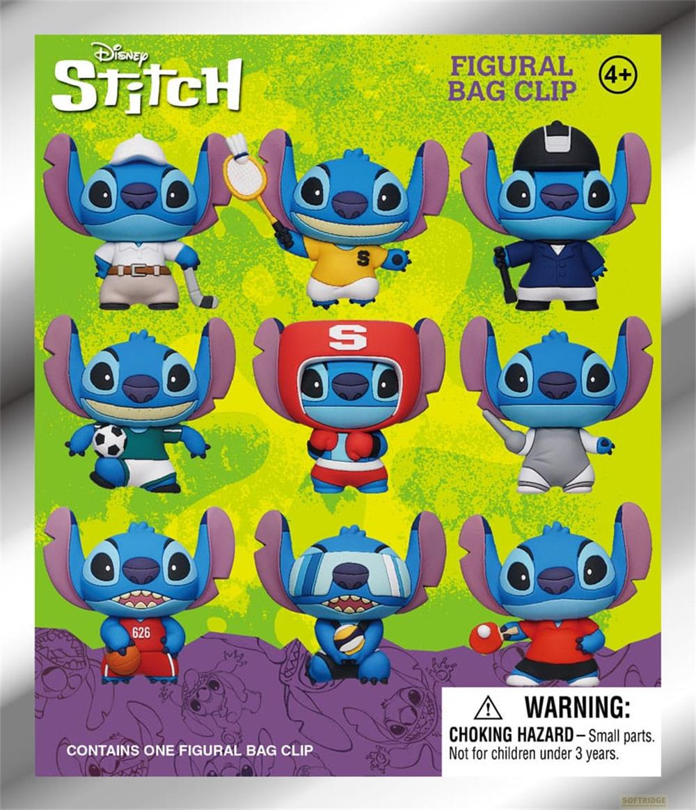 Figuras de Stitch en varios trajes deportivos sobre fondo verde.