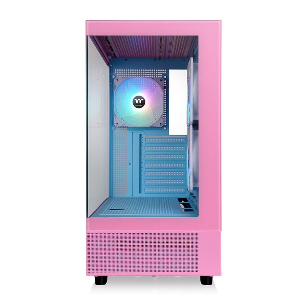 Ein rosa Computergehäuse mit blauem Innenraum und RGB-Lüfter.