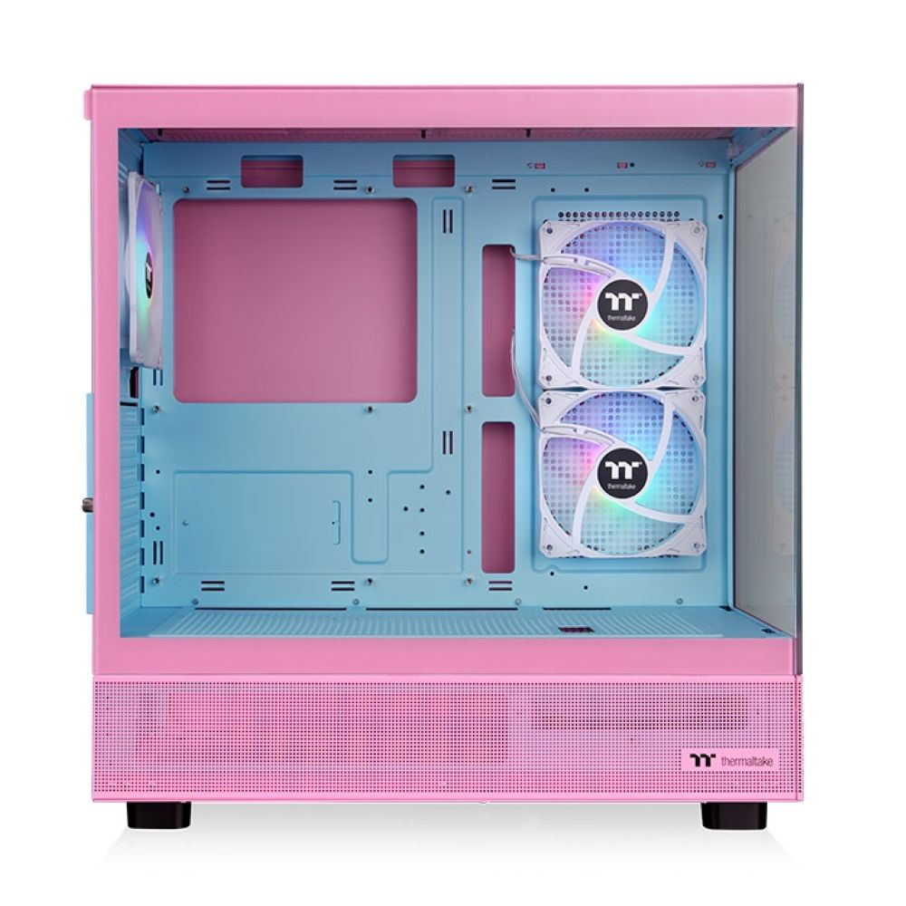 Ein rosa Computergehäuse mit blauem Innenraum und zwei RGB-Lüftern.
