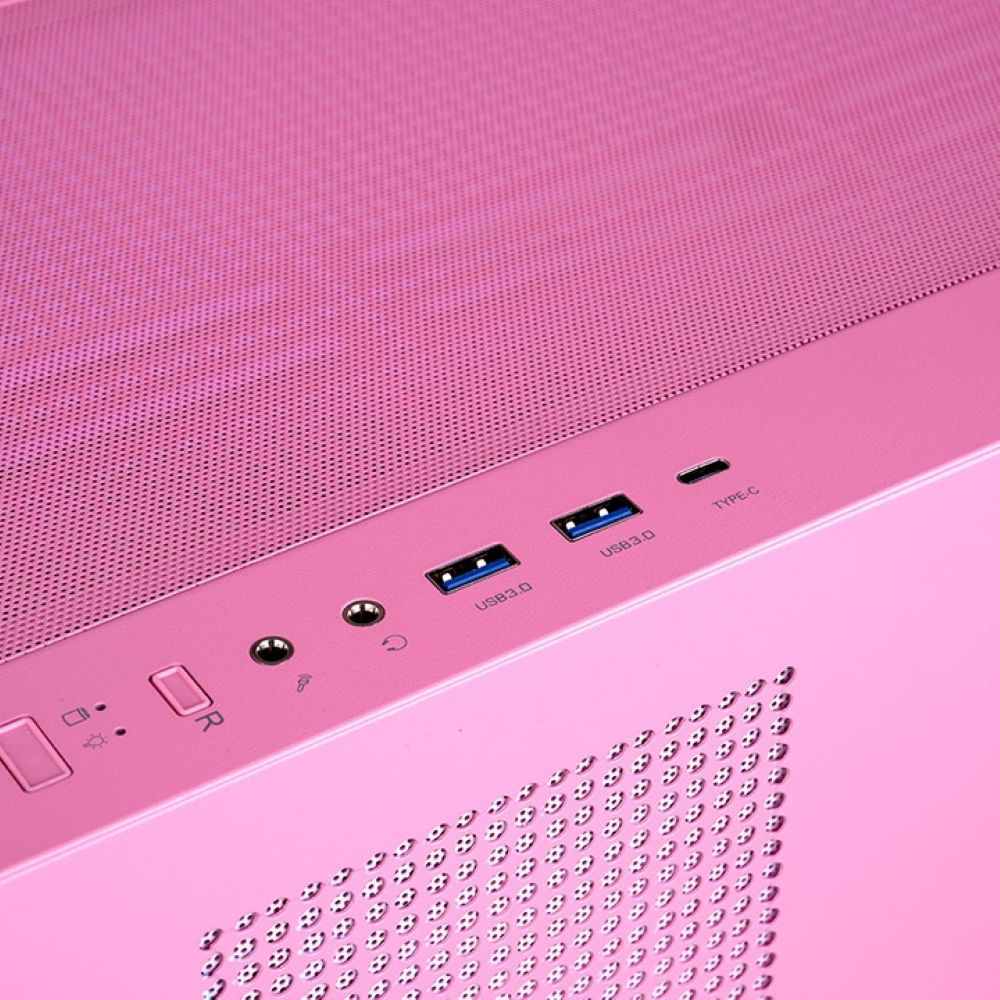 Ein rosafarbener Computergehäuse-Ausschnitt mit USB-Anschlüssen.