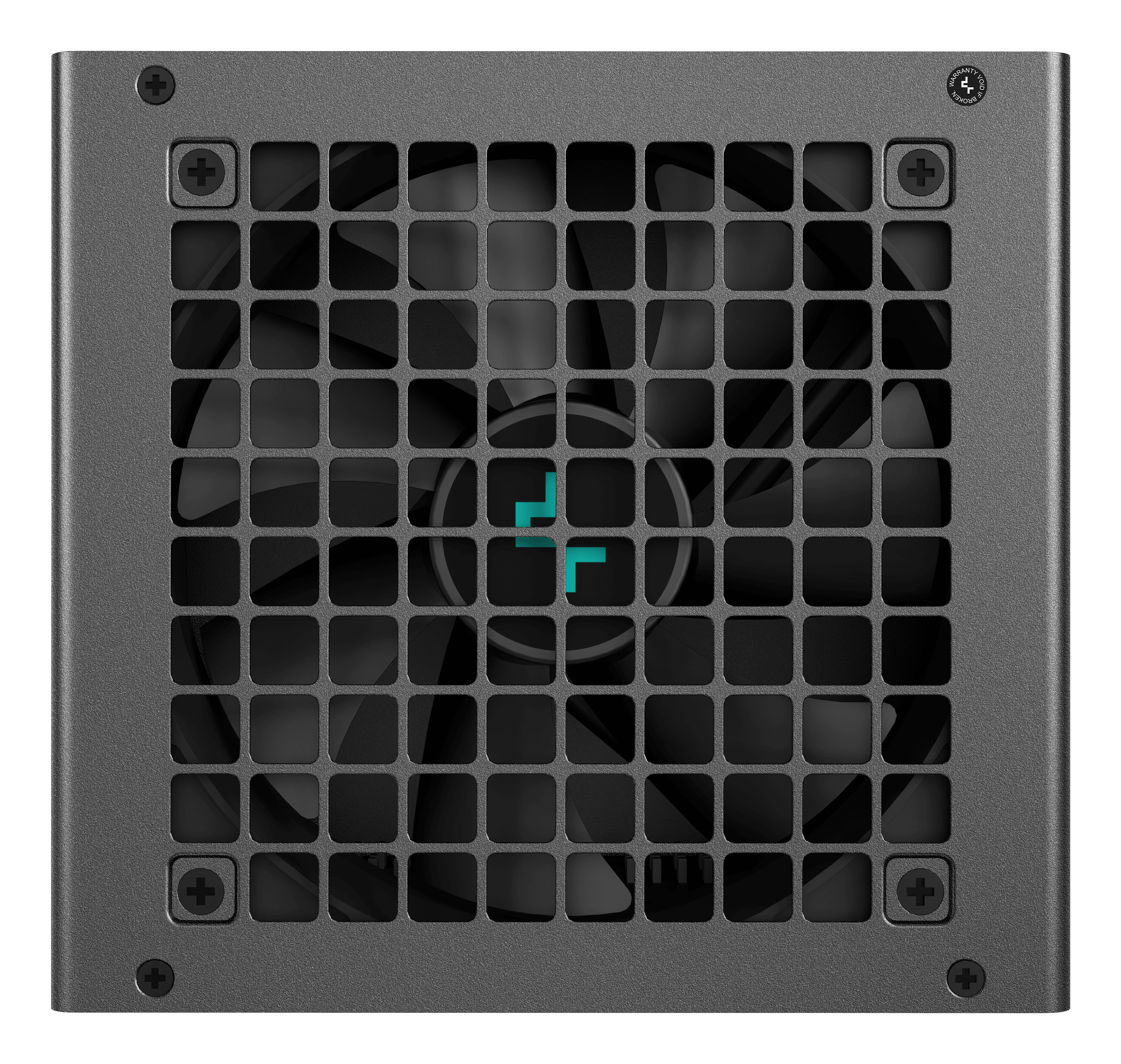 Grijze voeding met ventilatorrooster en schroeven.