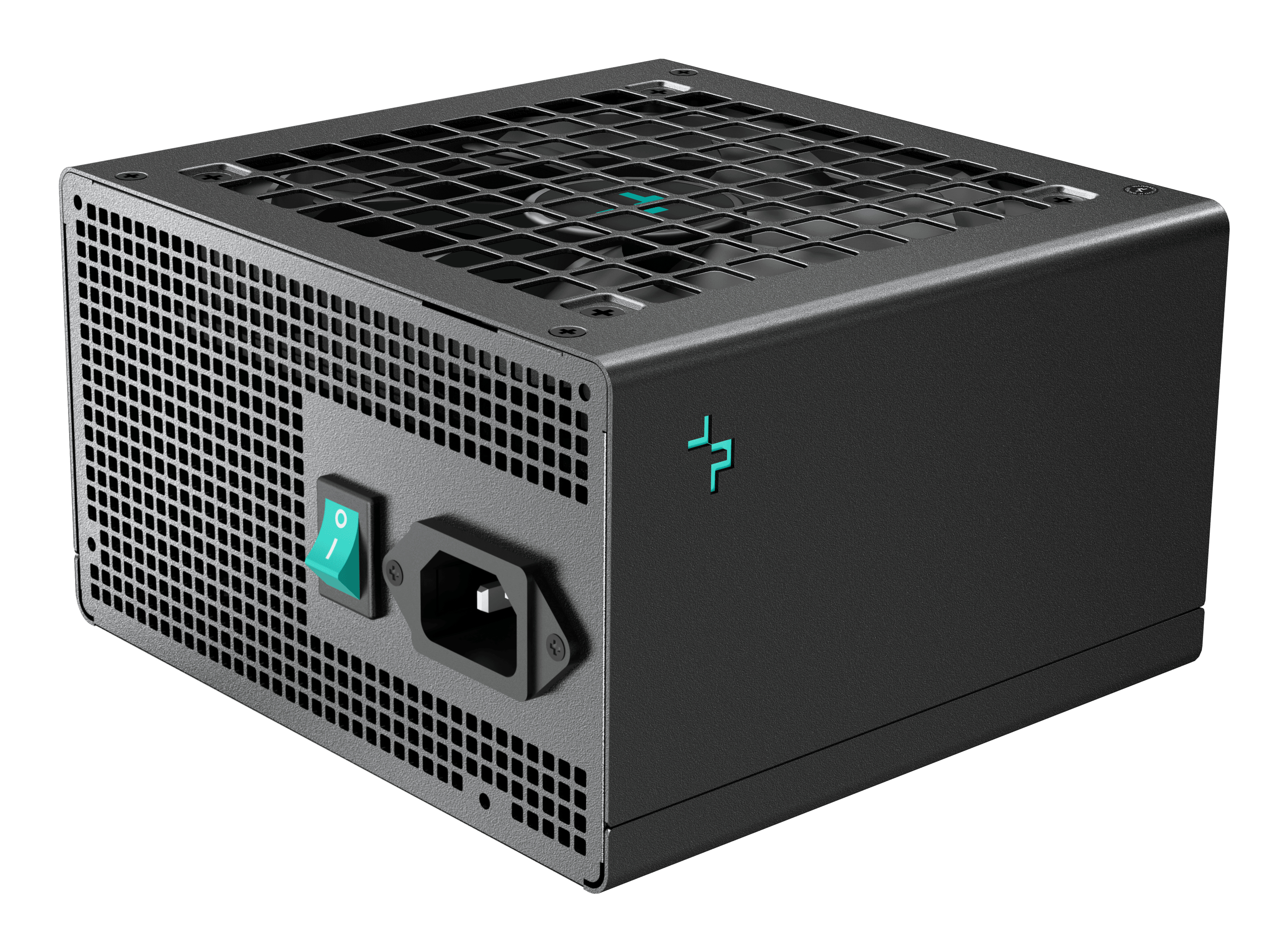 Zwarte computer voeding met ventilatorrooster, schakelaar en connector.