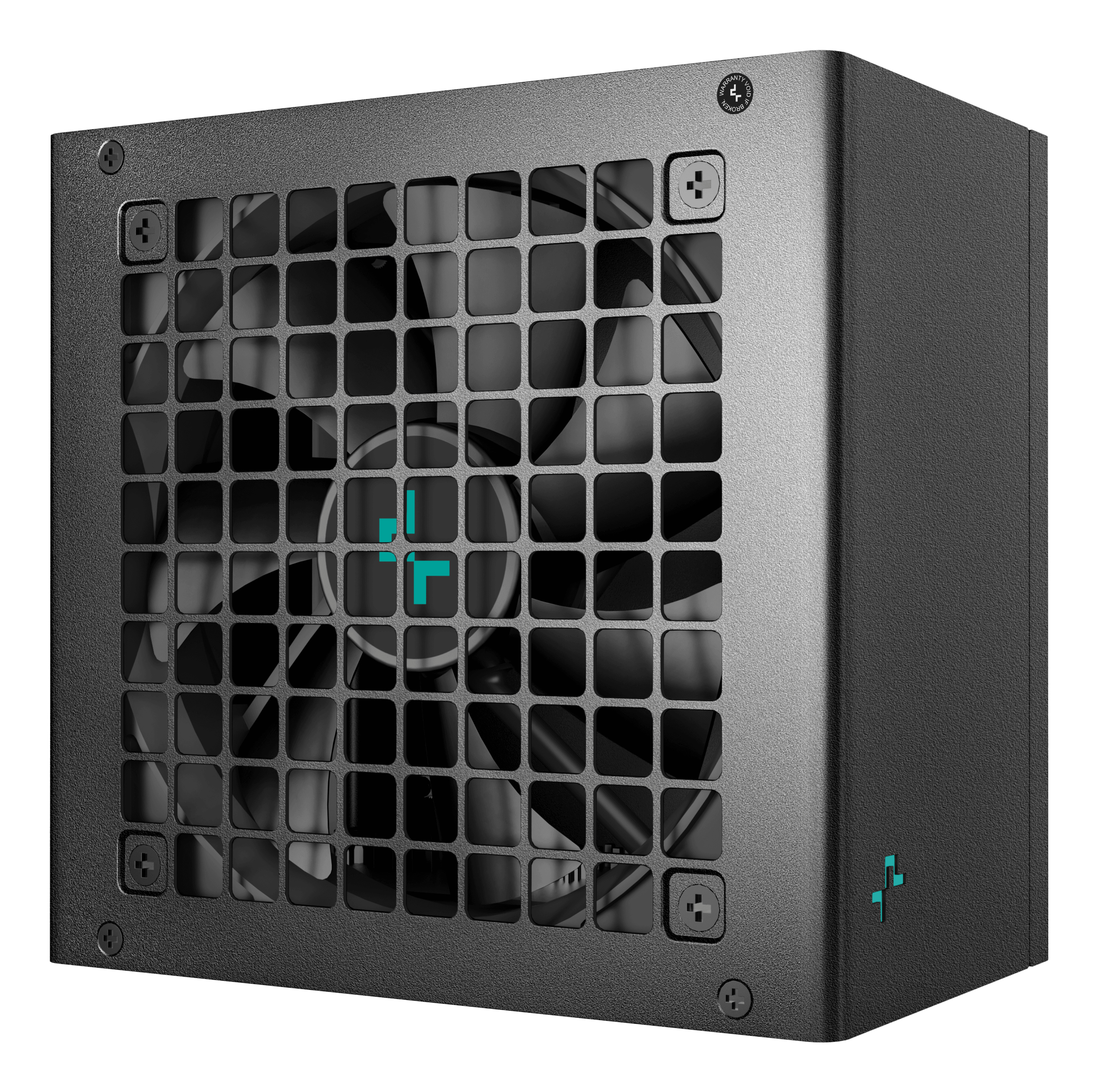 Case alimentatore nero con griglia ventola e logo.