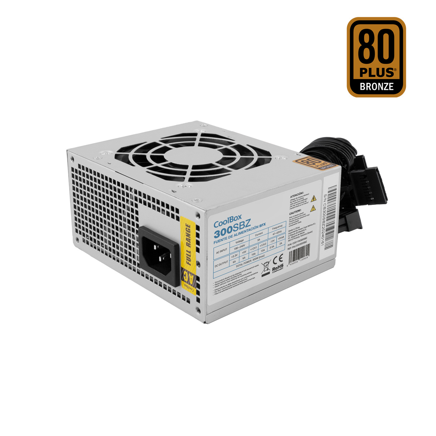 Un alimentatore SFX argentato con certificazione 80 Plus Bronze e griglia.