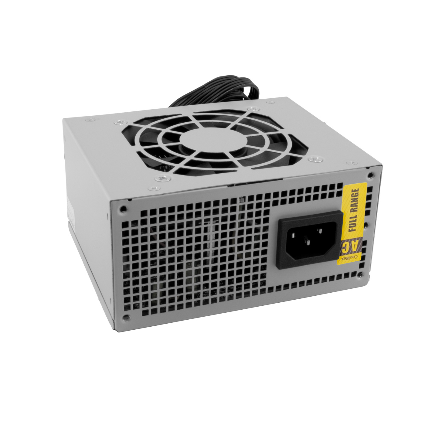 Un alimentatore argentato con ventola, cavi e ingresso AC.