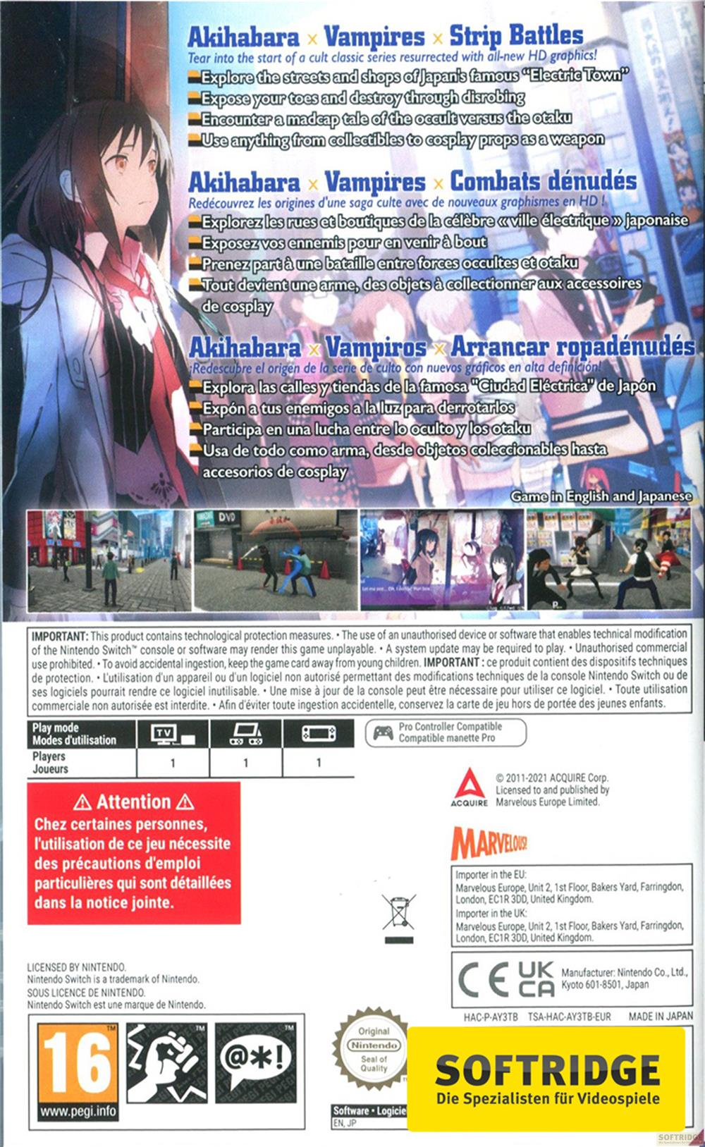 Respaldo del juego con arte de anime, información y logos. Una chica anime a la izquierda.