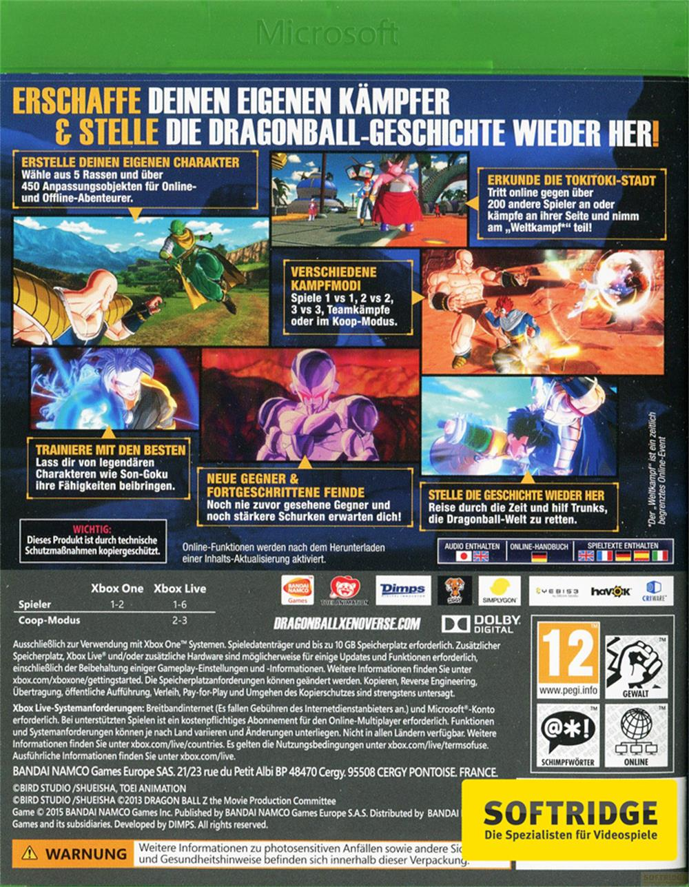 Dragon Ball Xenoverse Spielcover mit Charakteren und Spielinformationen auf Deutsch.