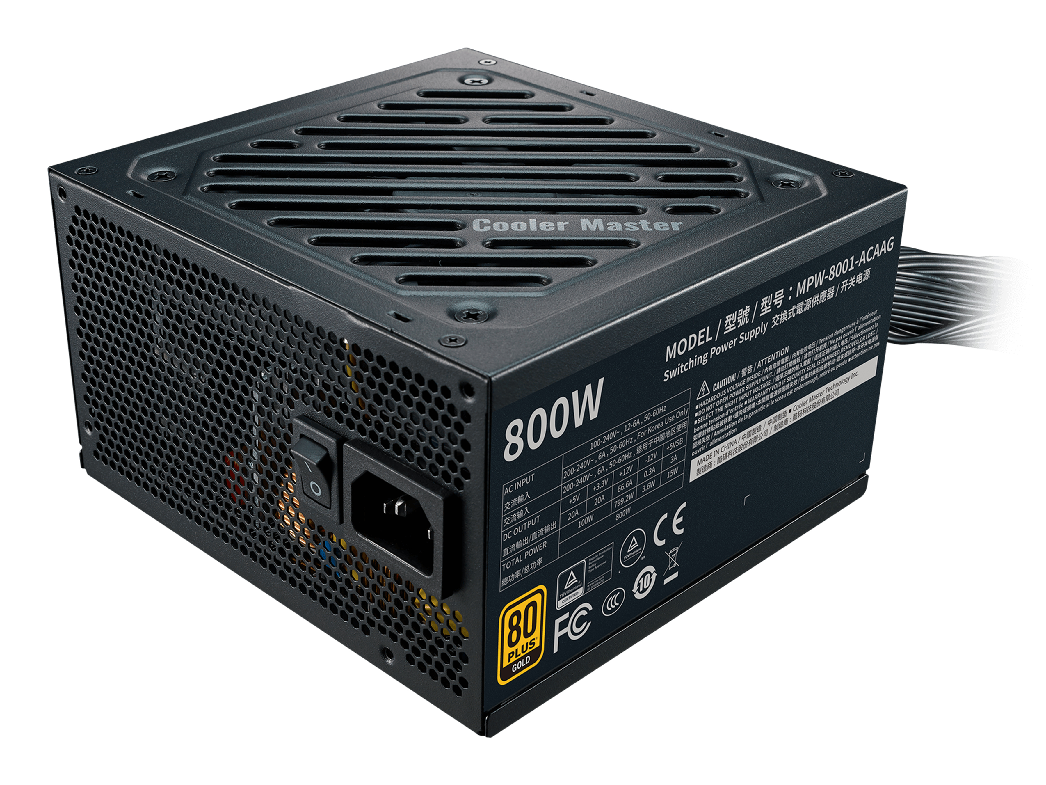 Alimentatore PC nero da 800W con prese d'aria ed etichette, modello Cooler Master.