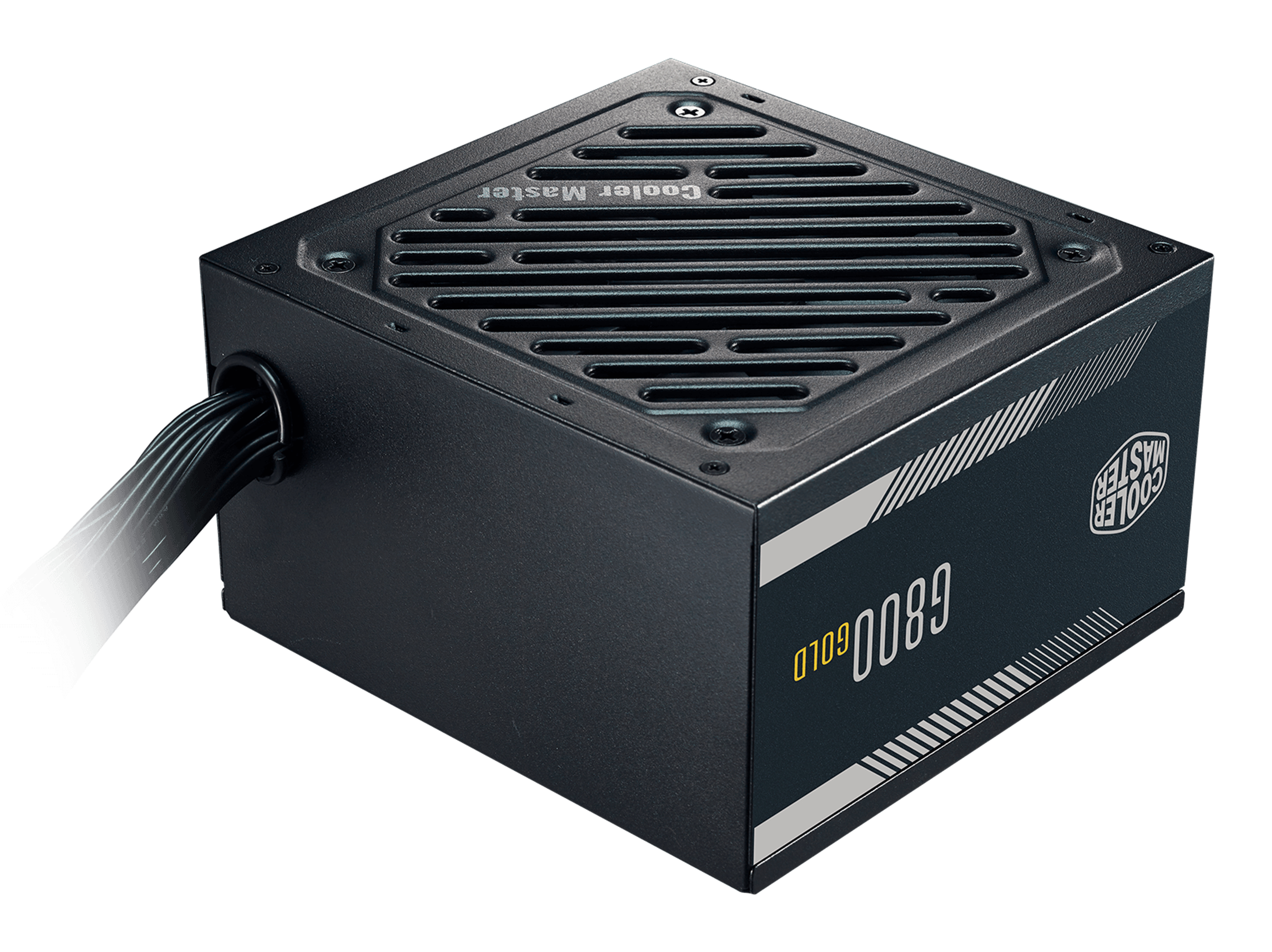 Alimentatore nero con griglia di ventilazione e cavi. Logo Cooler Master.