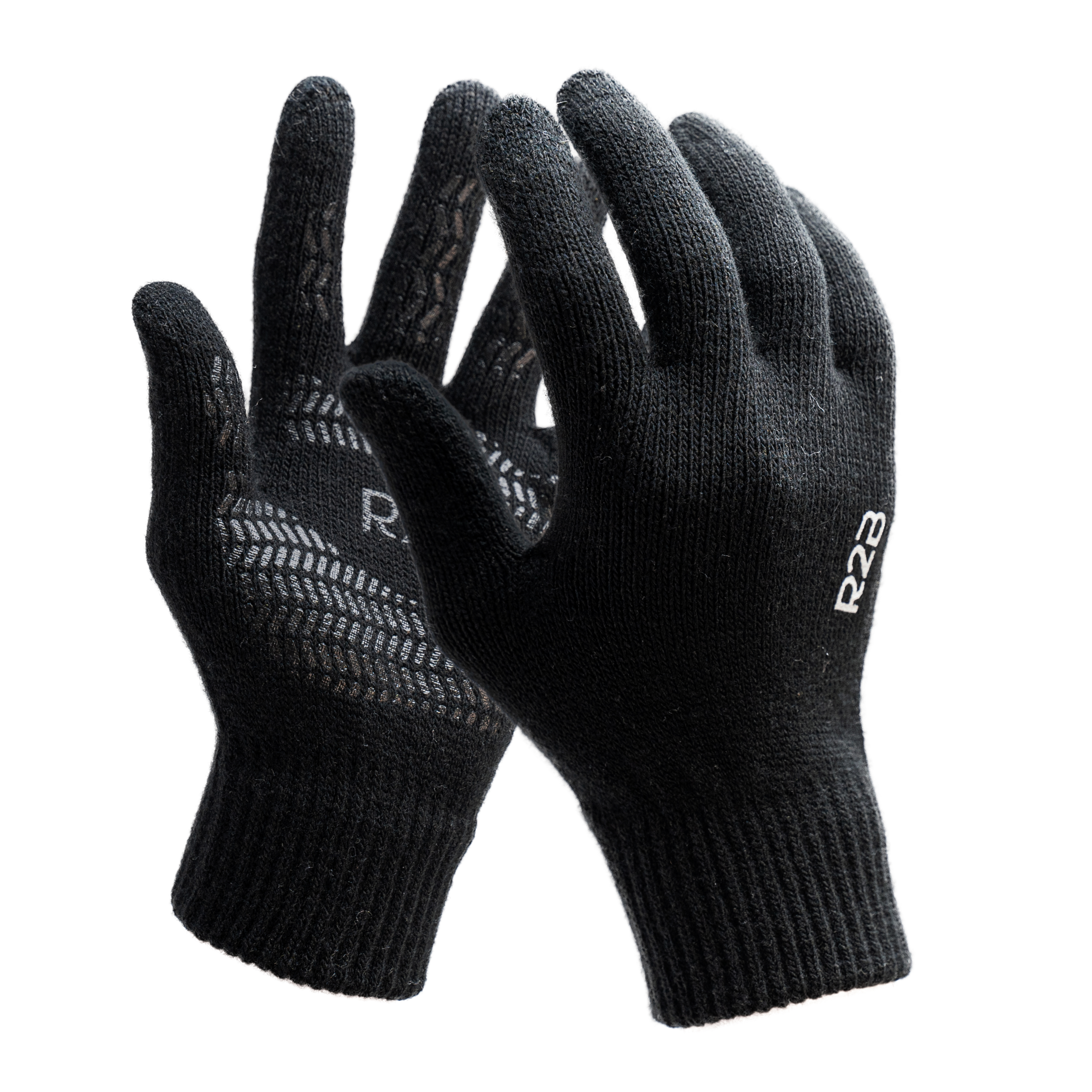 Black knit gloves with R2B logo and non-slip patterns.