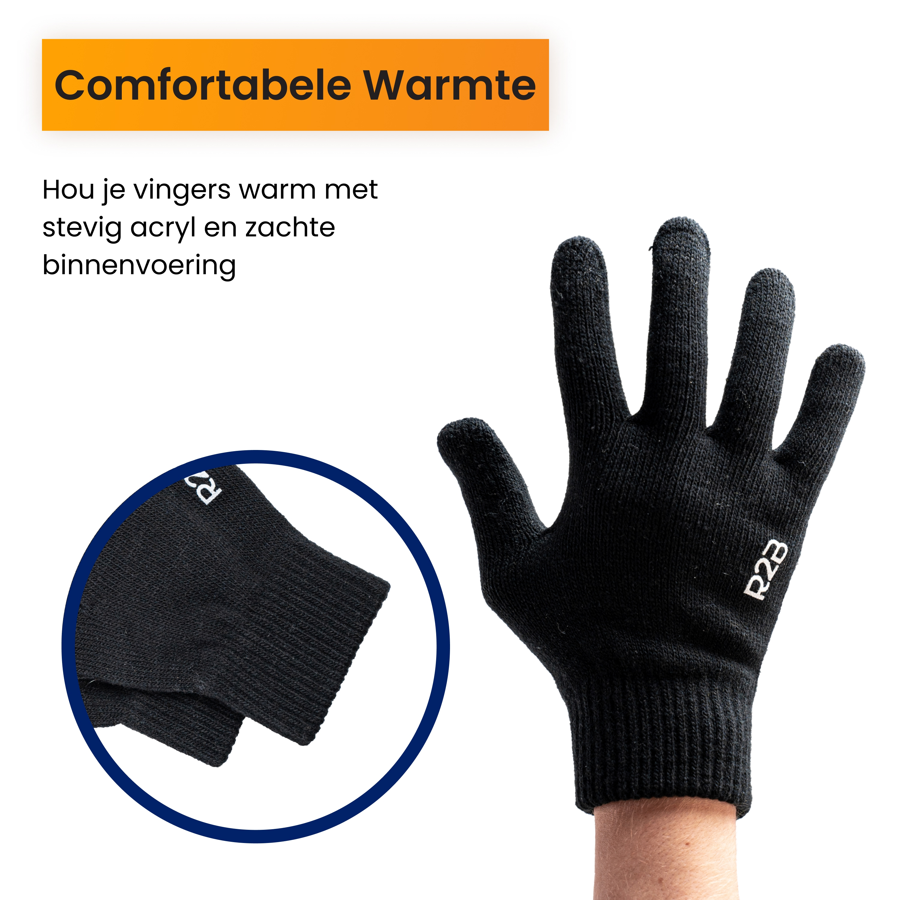 Black knitted gloves with R2B logo on a white background.