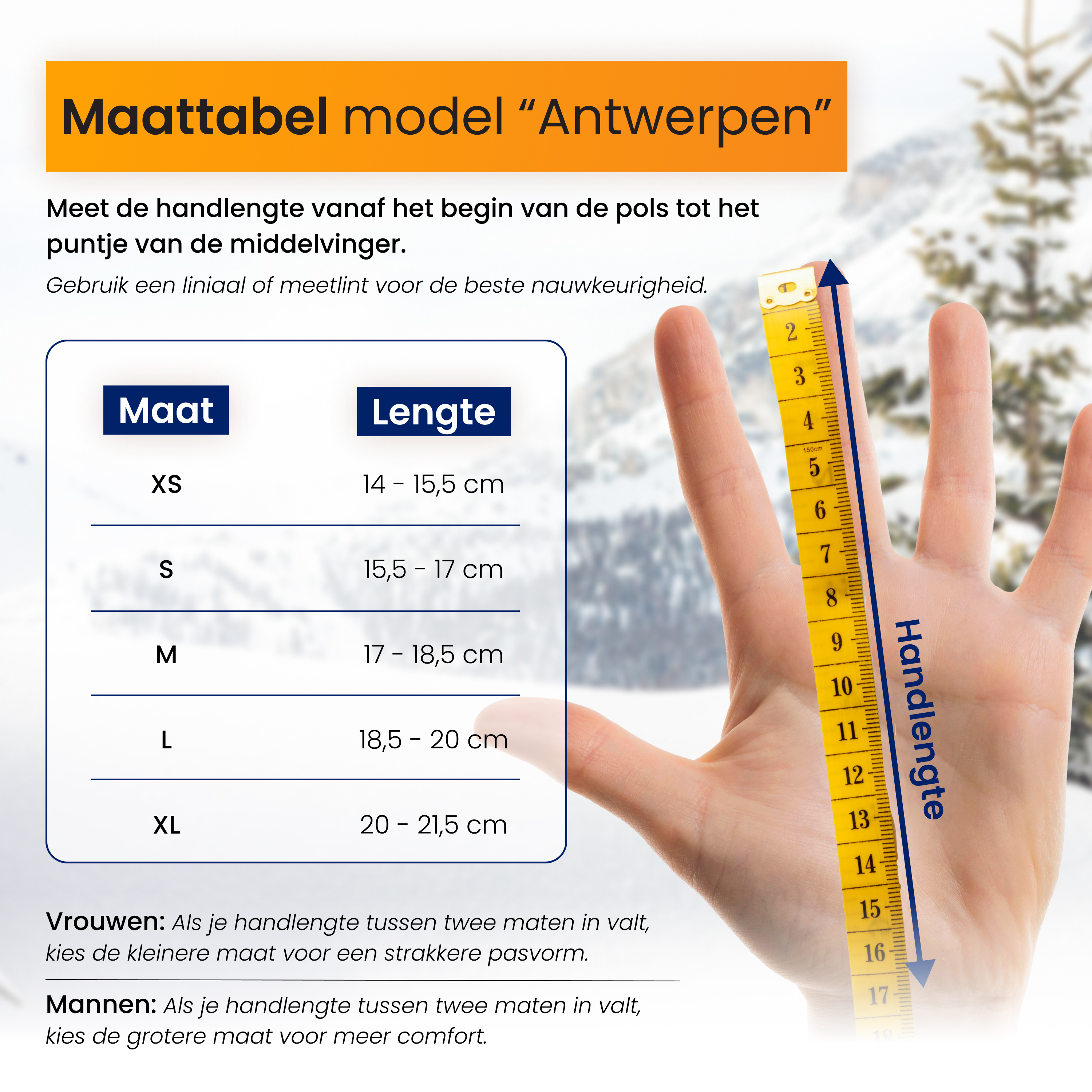 Glove size chart showing hand length measurement with a tape measure.
