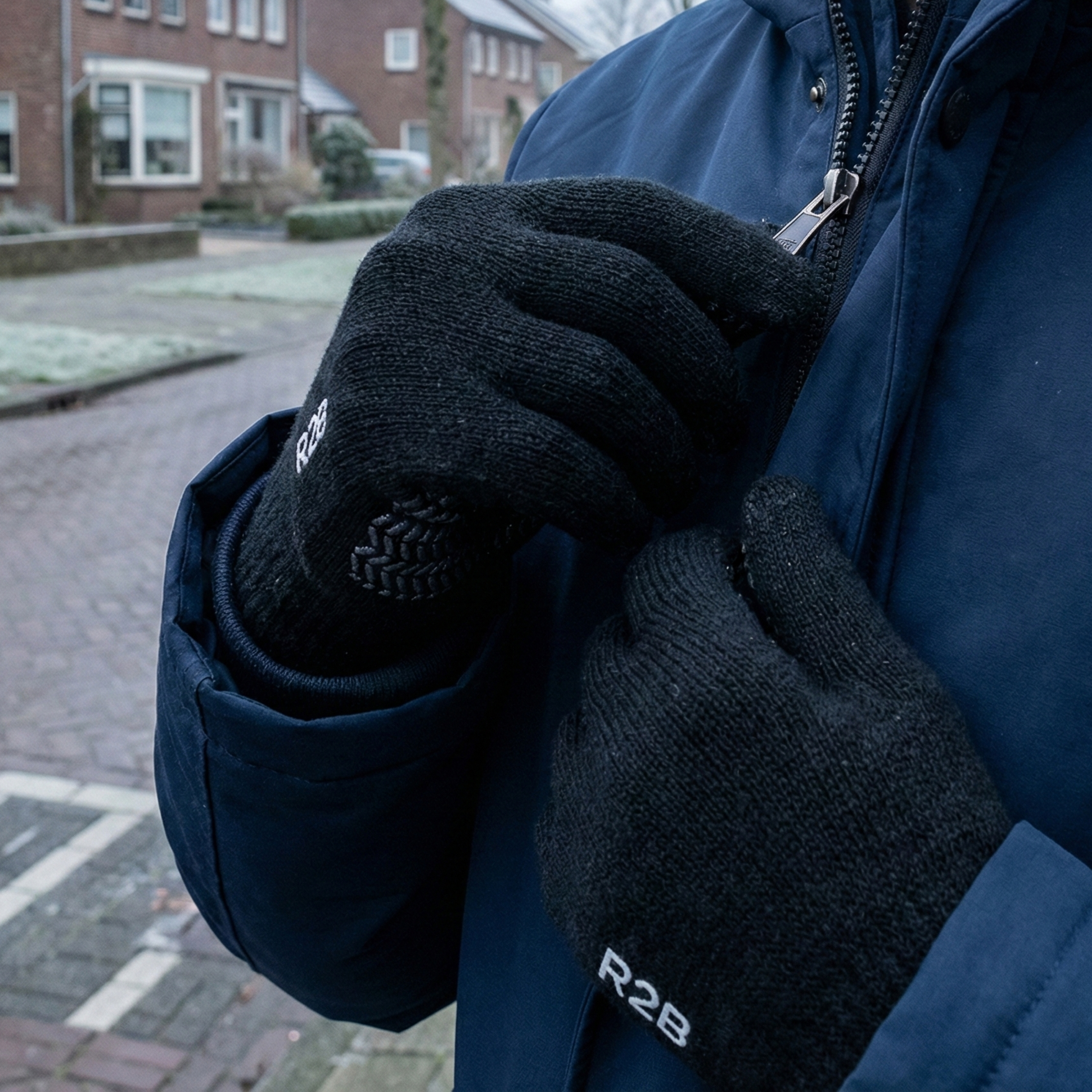 Person zipping up a blue jacket while wearing black knit gloves. Outdoors.