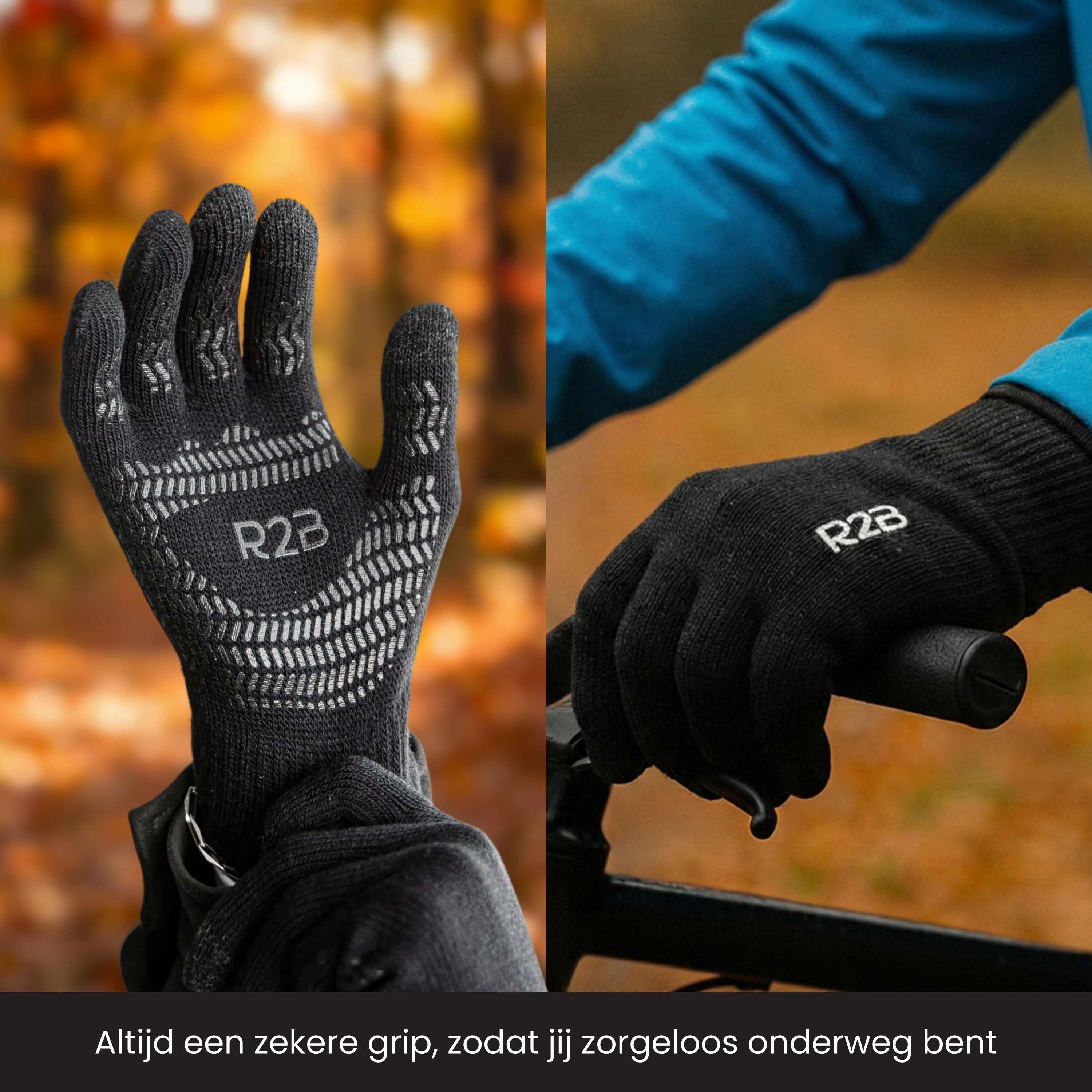 Black gloves with R2B logo and grip pattern on one hand holding a handlebar.