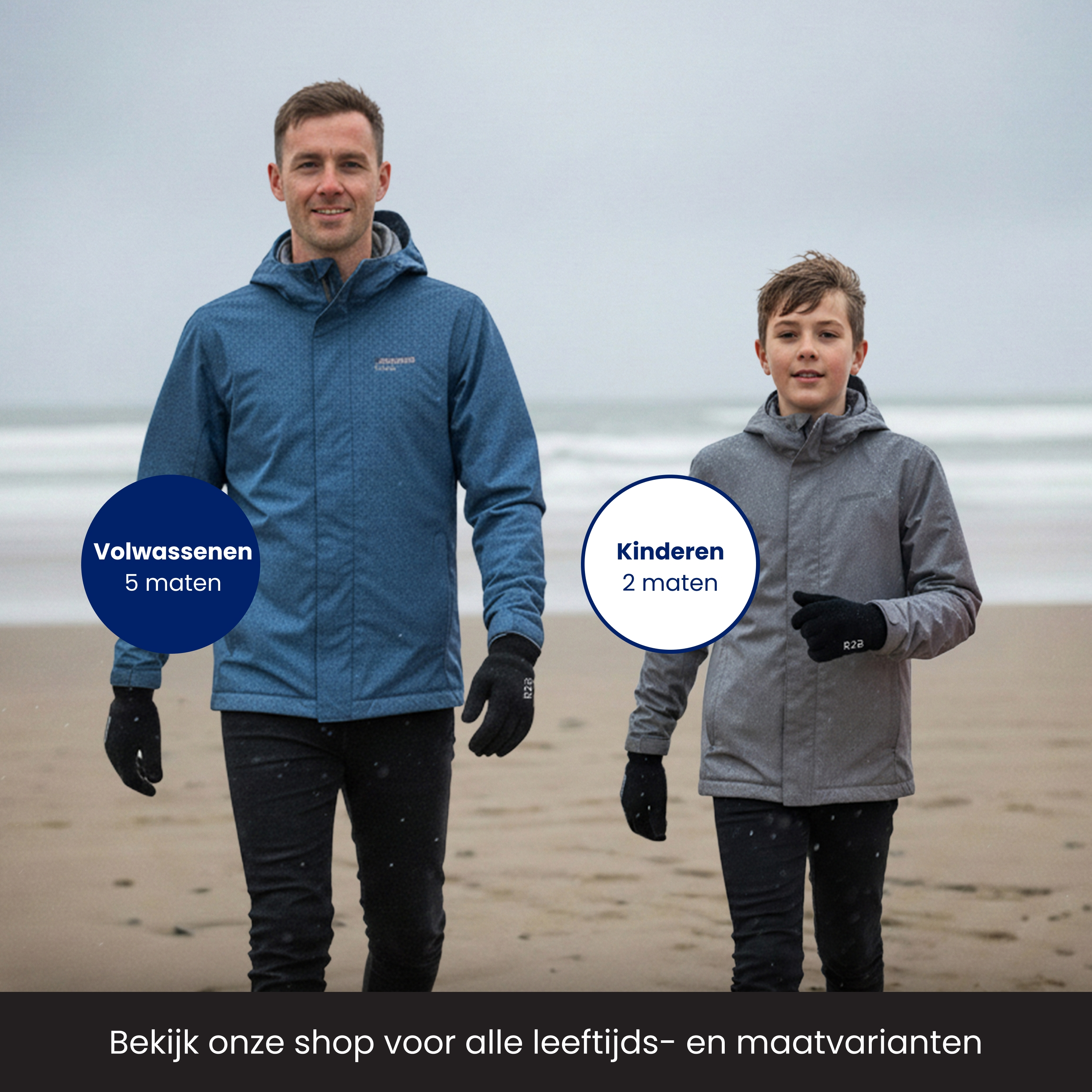 Man and boy on beach in jackets, with size information.