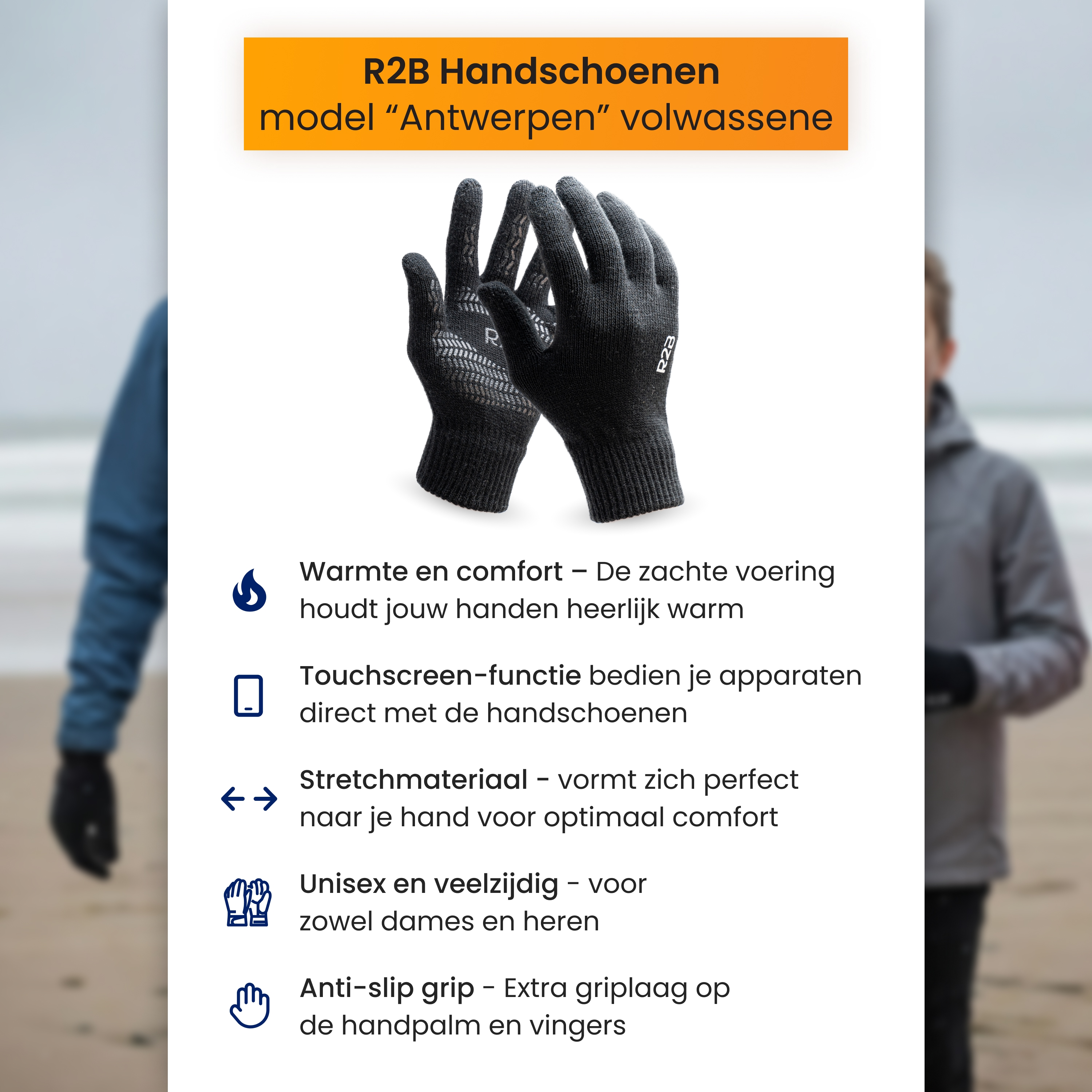 Black R2B gloves, model "Antwerpen", for adults. Features warmth, touchscreen.
